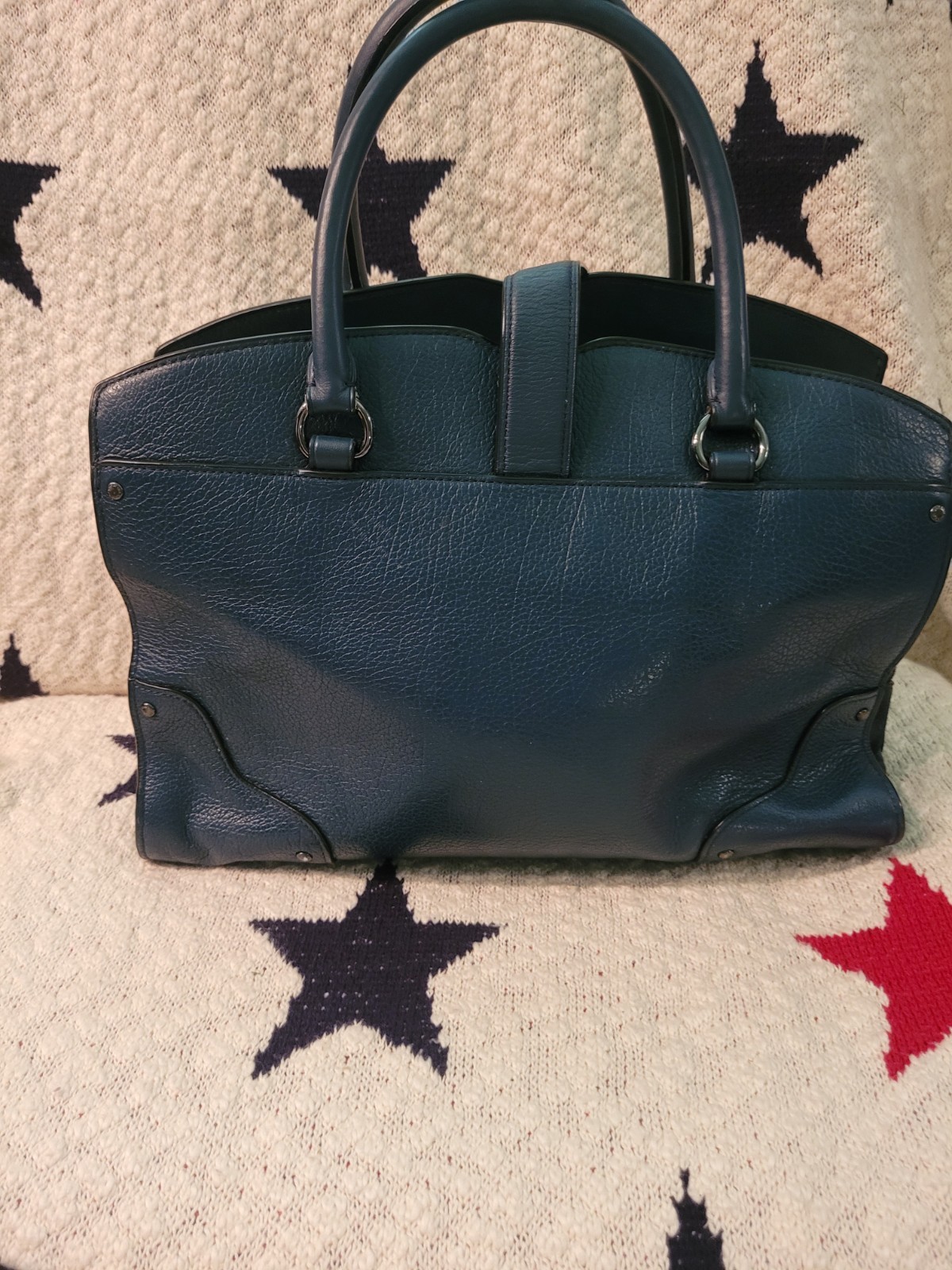 Coach Blue green Pebbled small Satchel Top Handle Zip Turn Lock Floral Charm