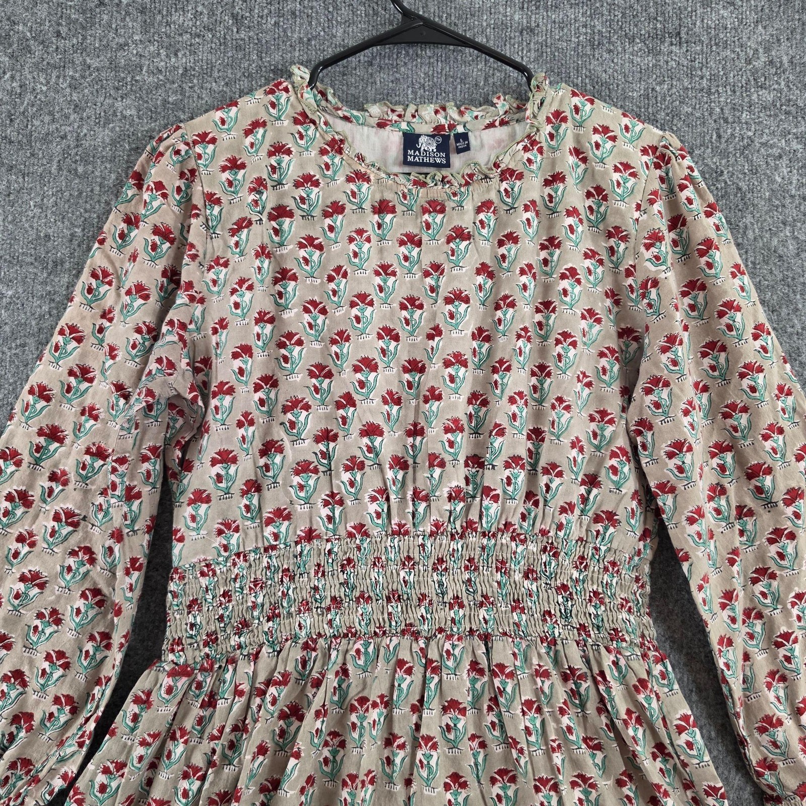 Madison Mathews Dress Large Floral Smocked Mini Ruffle Boho Prairie Cottagecore