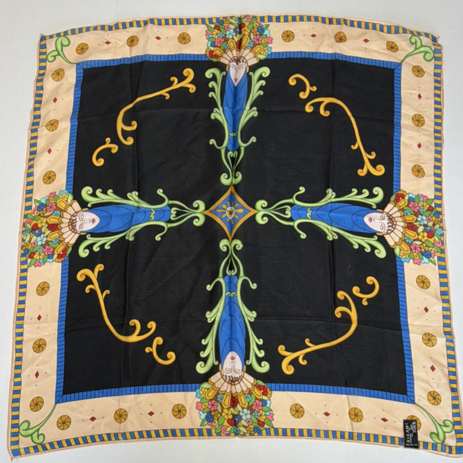 KIKAMI 100% Silk Art Deco Floral Square Scarf Black Blue Beige 21×21