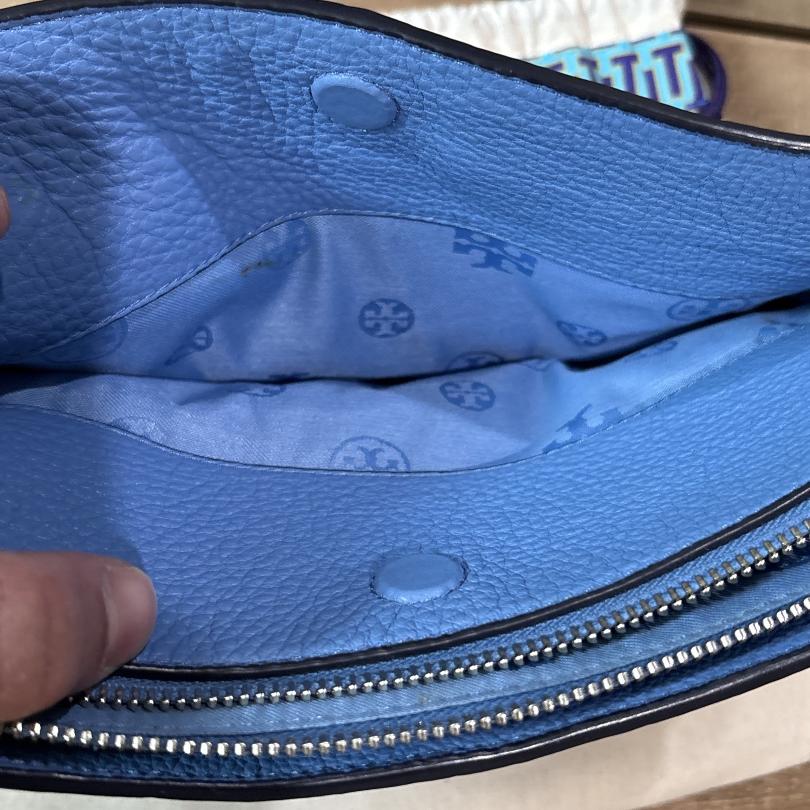 Tory Burch Light Blue Pebbled Leather Crossbody Tassel Logo
