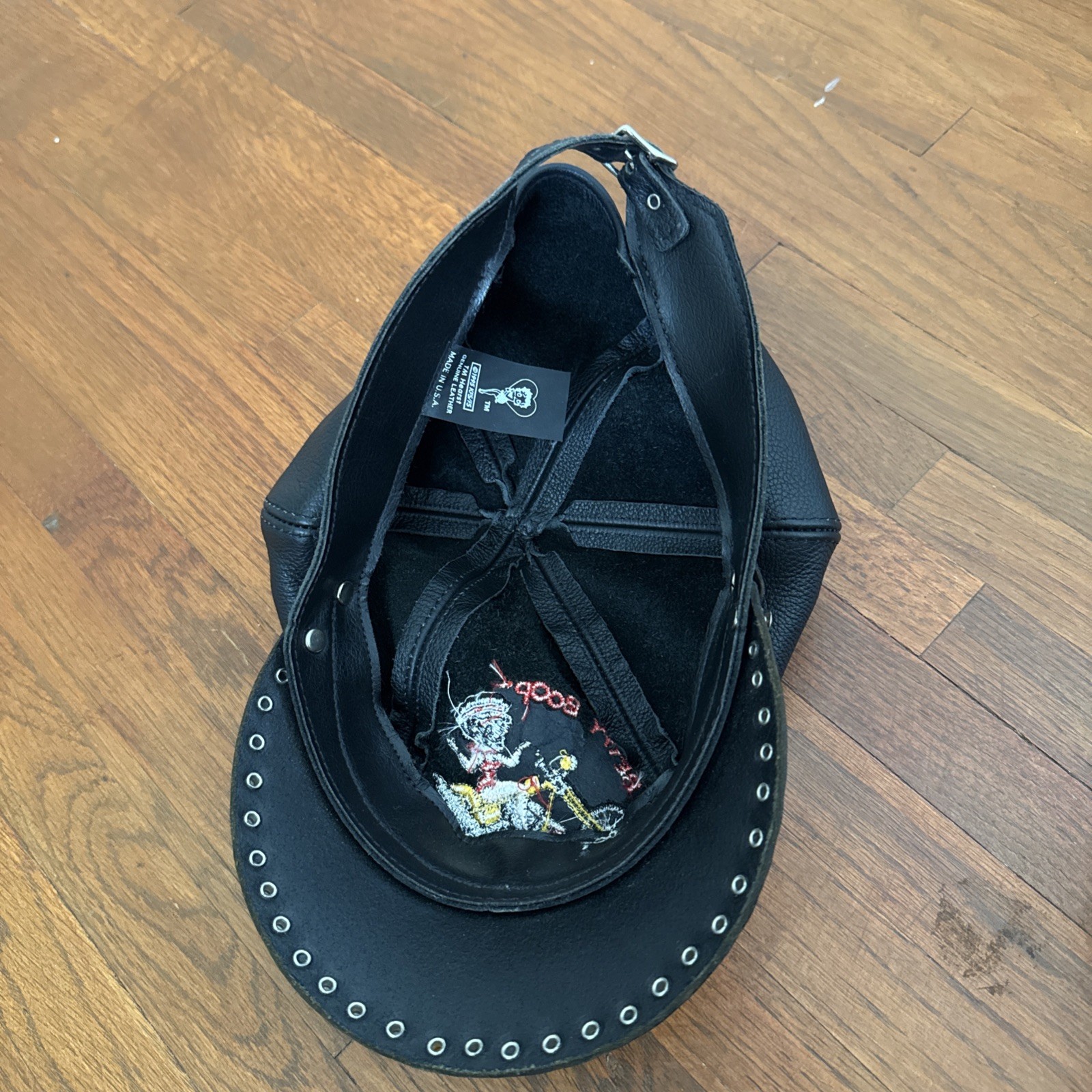 Vintage 1995 Genuine Leather Betty Boop Motorcycle Hat with metal accents