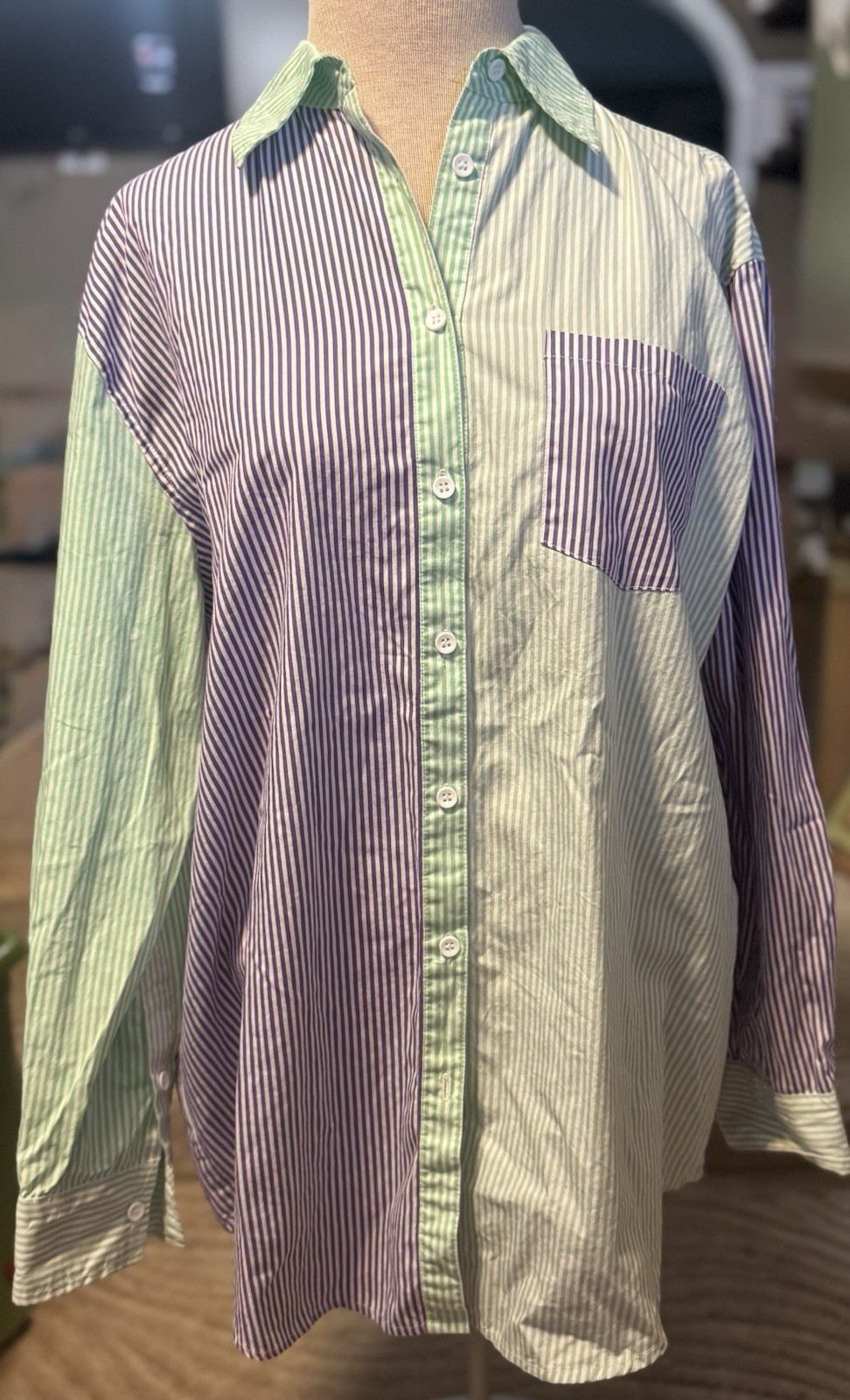 Solid And Striped Oxford Tunic Purple And Green Size Medium