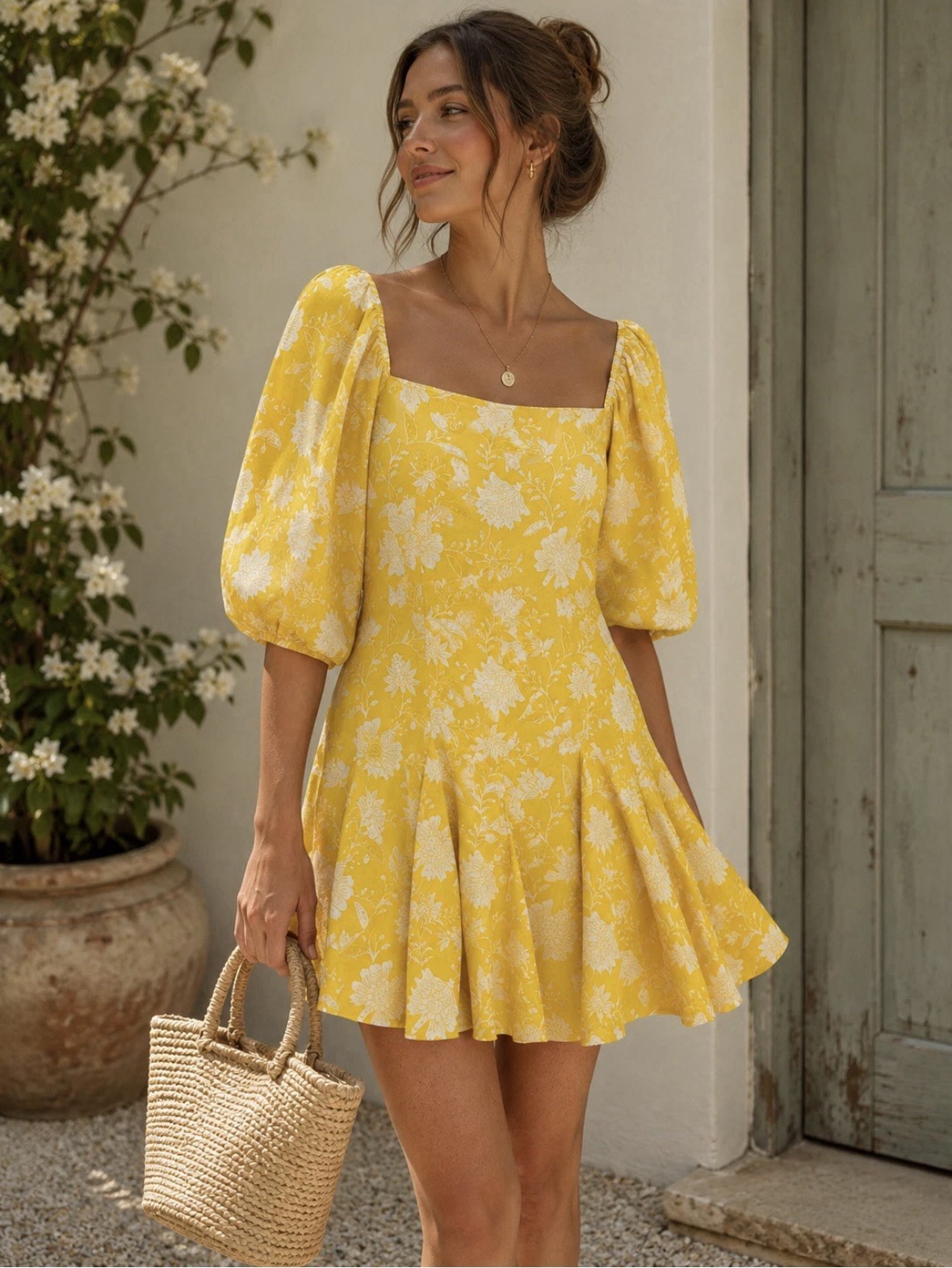 Mille Resort Travel Anais Dress Yellow Zinnia Floral Puff Sleeve Cotton Mini L