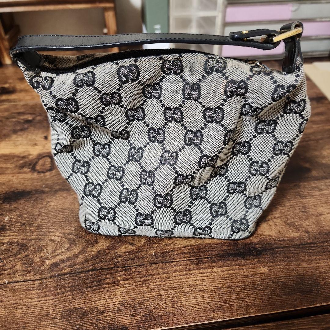 GUCCI GG Vanity Hand Bag Ziplock Leather Canvas Brown Black Gold Hardware Japan