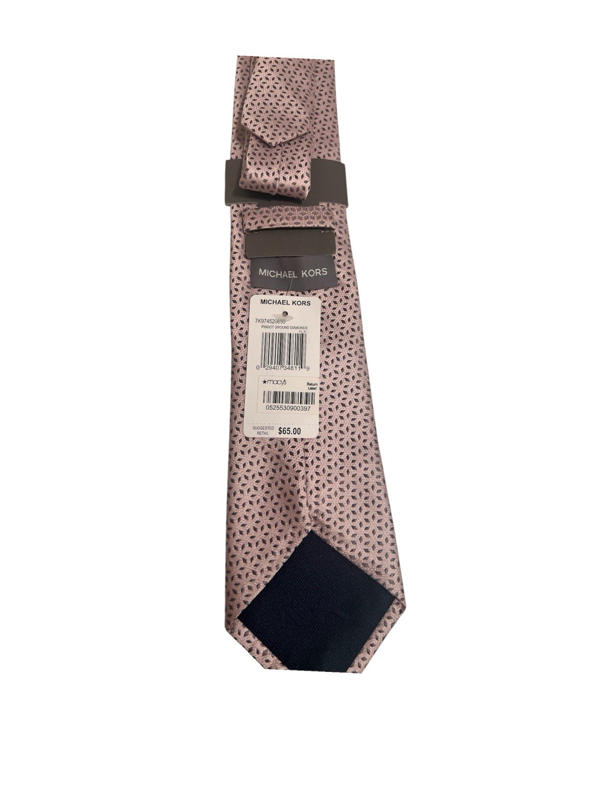 NWT Michael Kors Classic Tie Pink W/Grey Design width 3 1/8″ 100% Silk MSRP $65