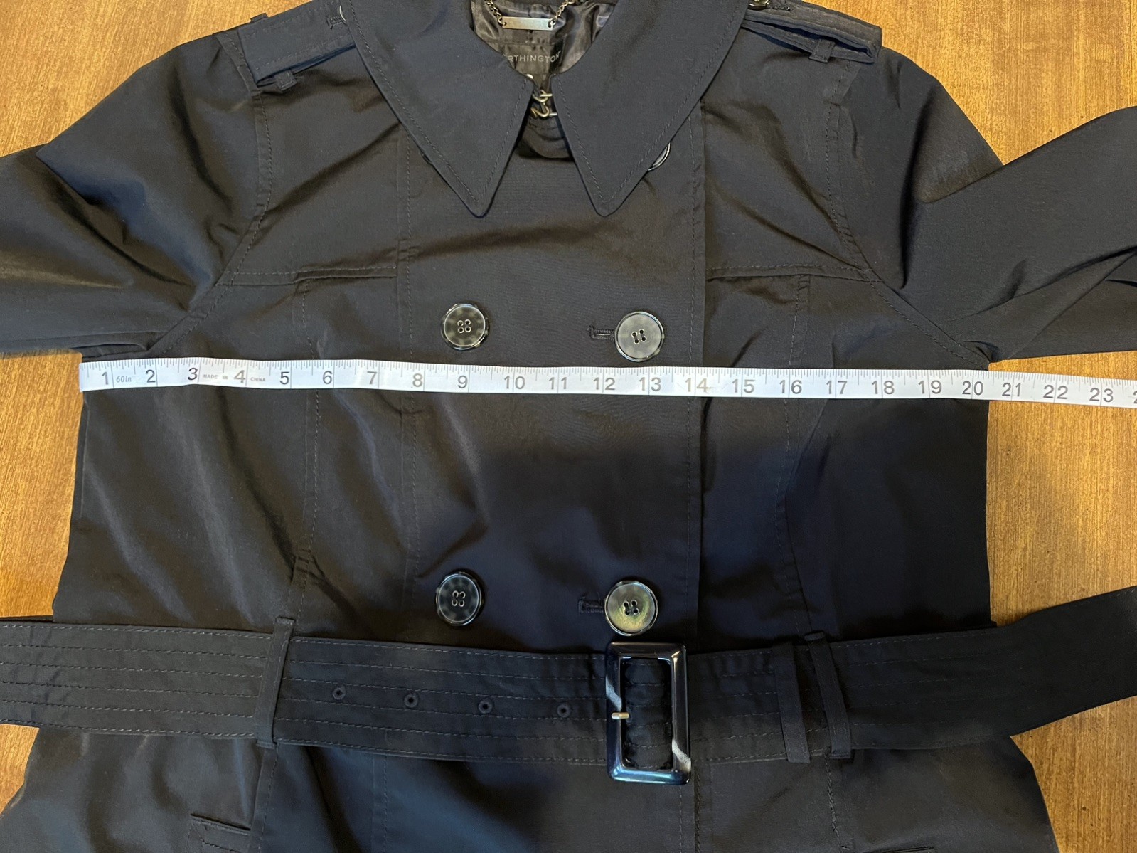Worthing Black Trench Rain Coat Women’s Size L Mid Length Jacket Belted Classic