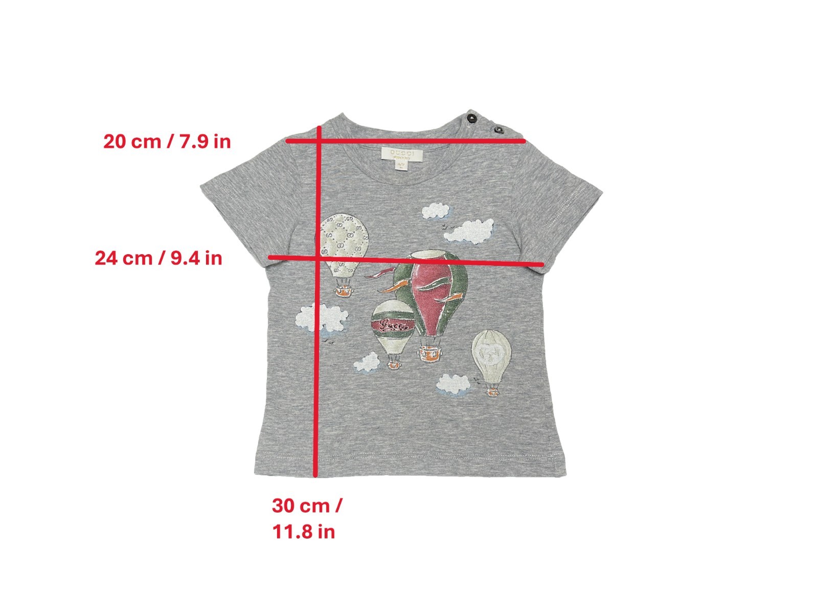 Baby Gucci Gray Short Sleeve Hot Air Balloon Print T Shirt Kids GG Italy 6/9M