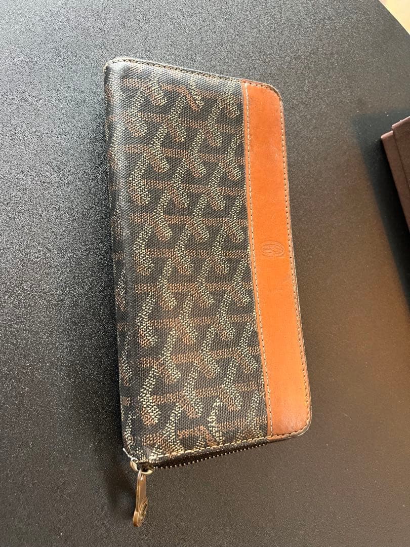 Goyard Matignon GM Zip Wallet Black Cognac Canvas Leather 7.9in x 4.1in w/ Box