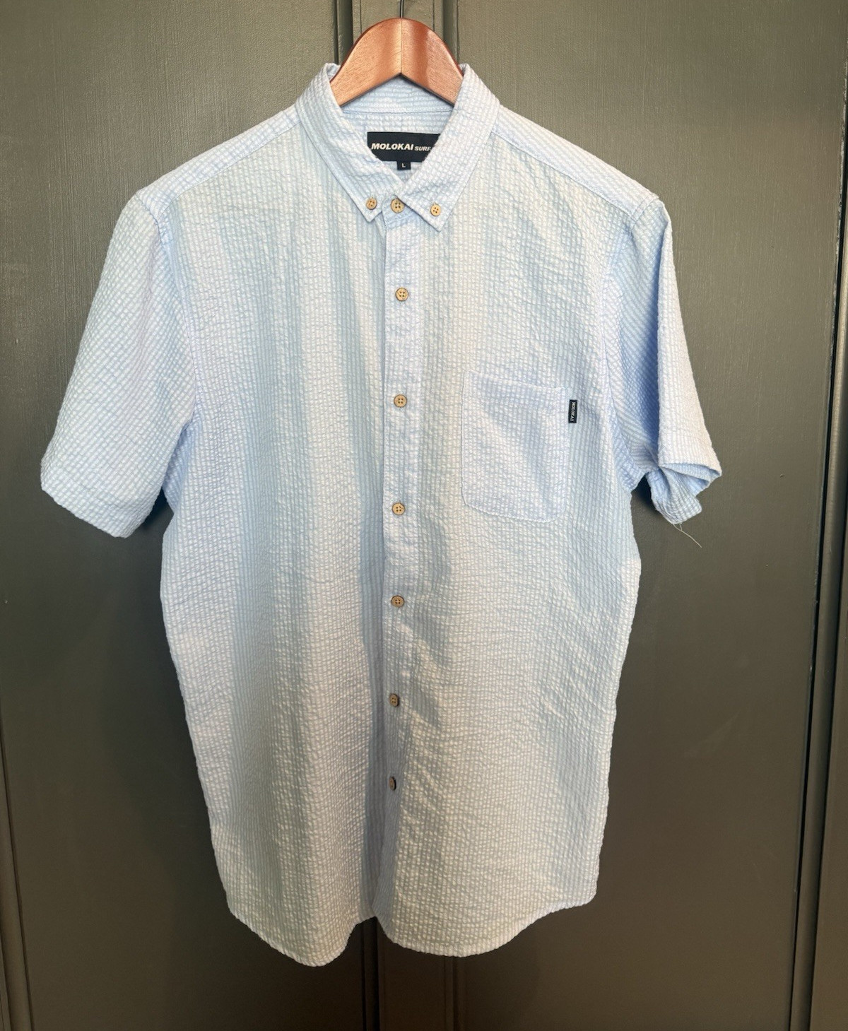 Molokai Surf Co Mens Large Blue Seersucker Button Down Short Sleeve Shirt