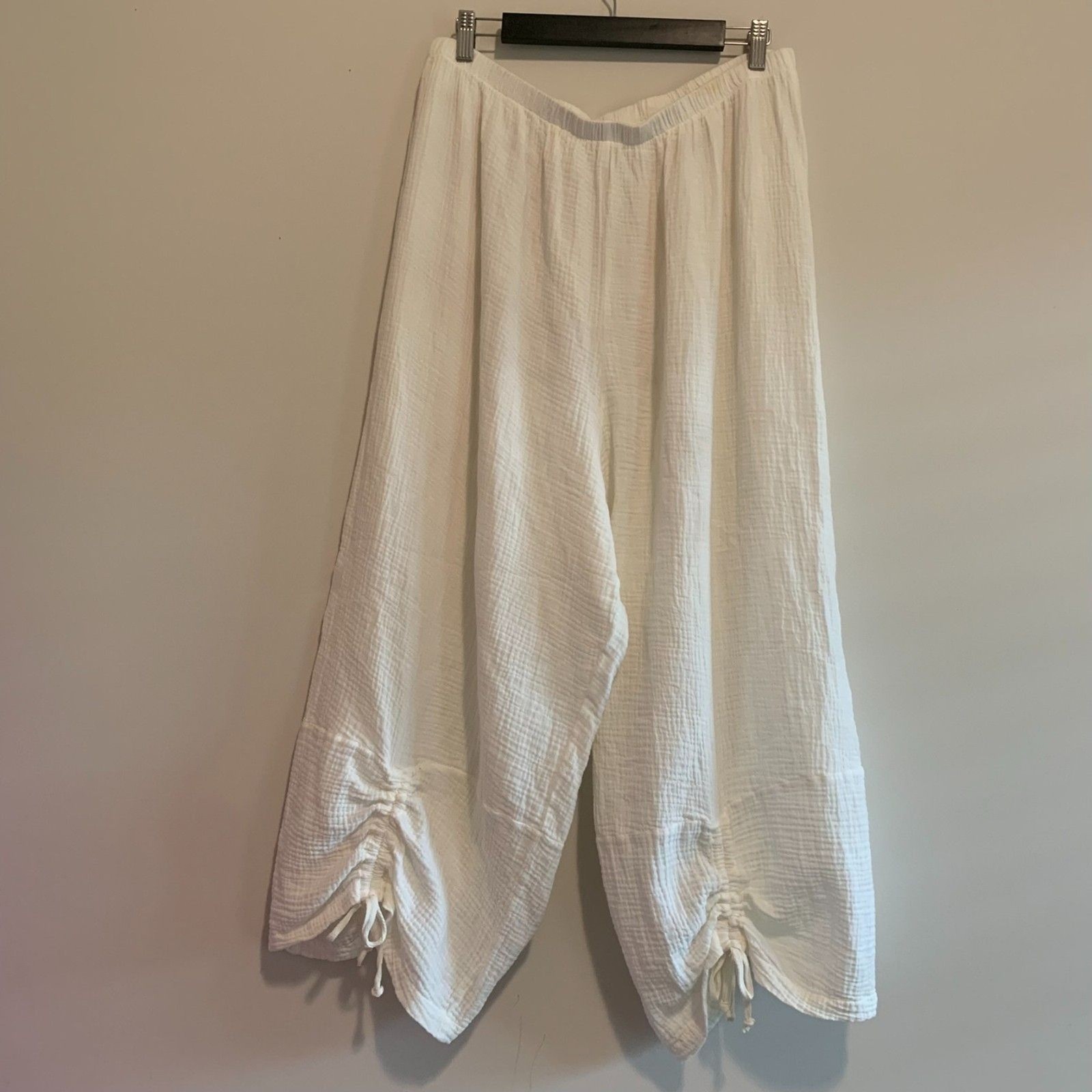Bryn Walker White Gauze 100% Cotton Ruched Hem Wide Leg Pants Women XXL Boho