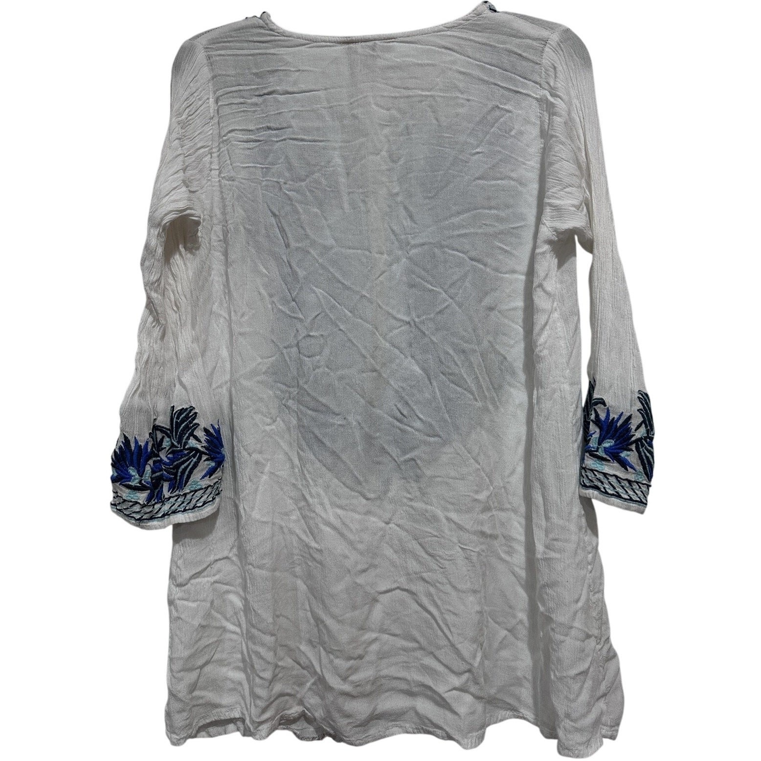 Cute Options Tunic Blouse Size Large White Blue Embroidered Boho Top FLAW