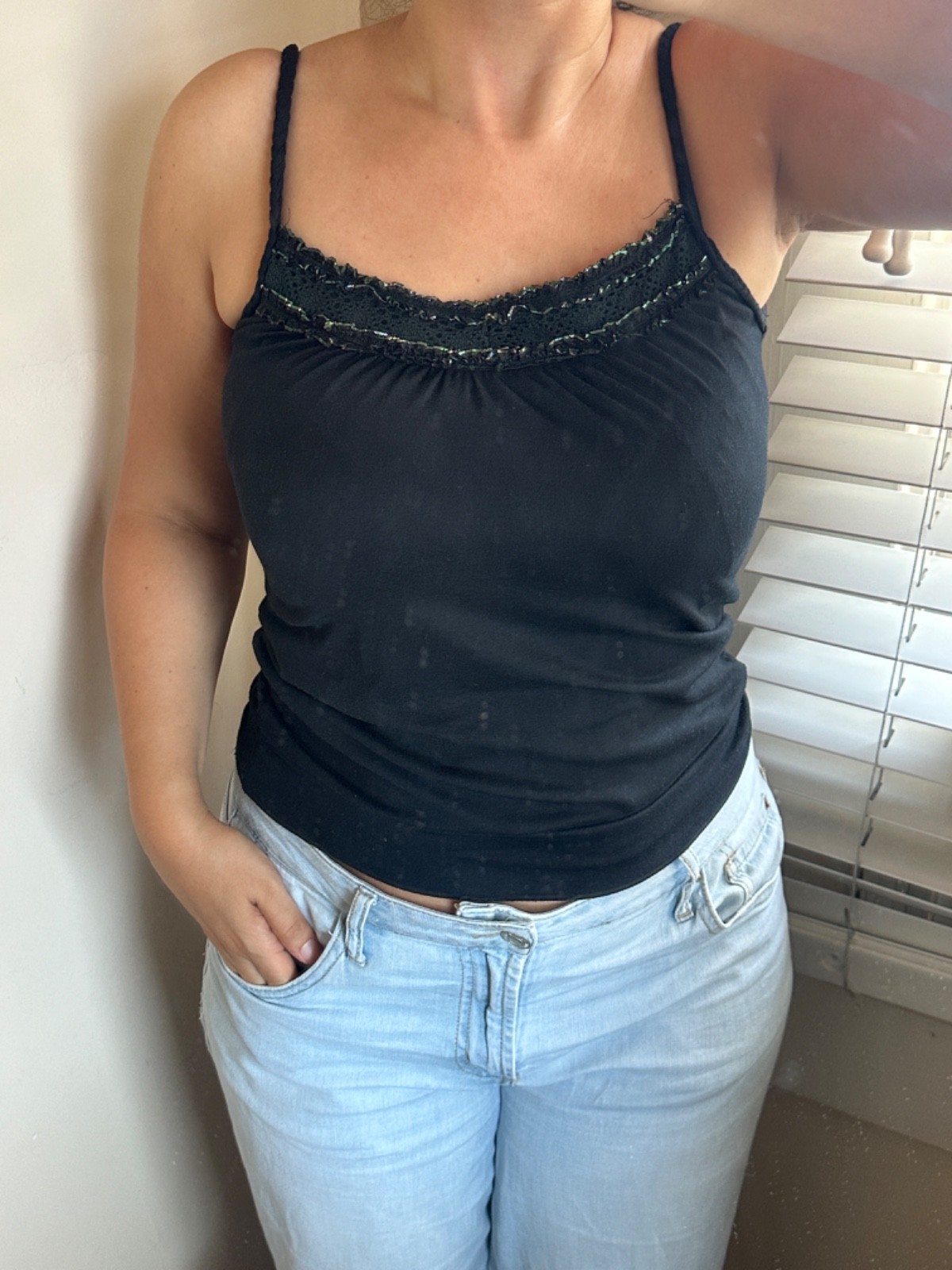 Black Lace Trim Metallic Shimmer Camisole Braided Spagetti Strap Tank Top