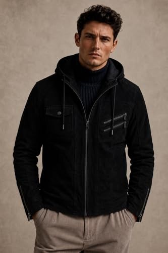 Mens Faux Suede Biker Jacket Black Motorcycle Coat Removable Hood Fleece Lined