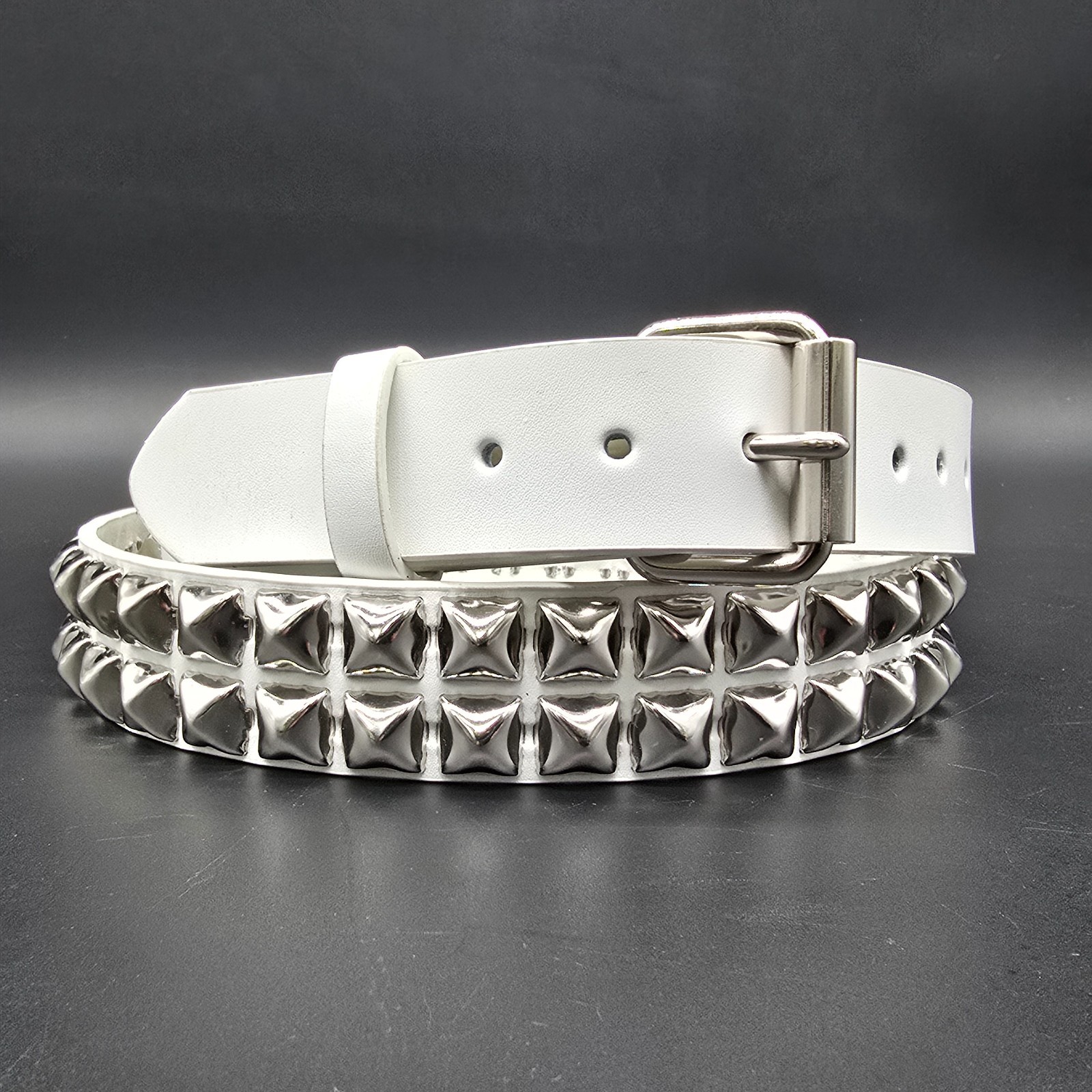 White Genuine Leather Pyramid Studded USA Made Two Row Belt Punk Rave Goth