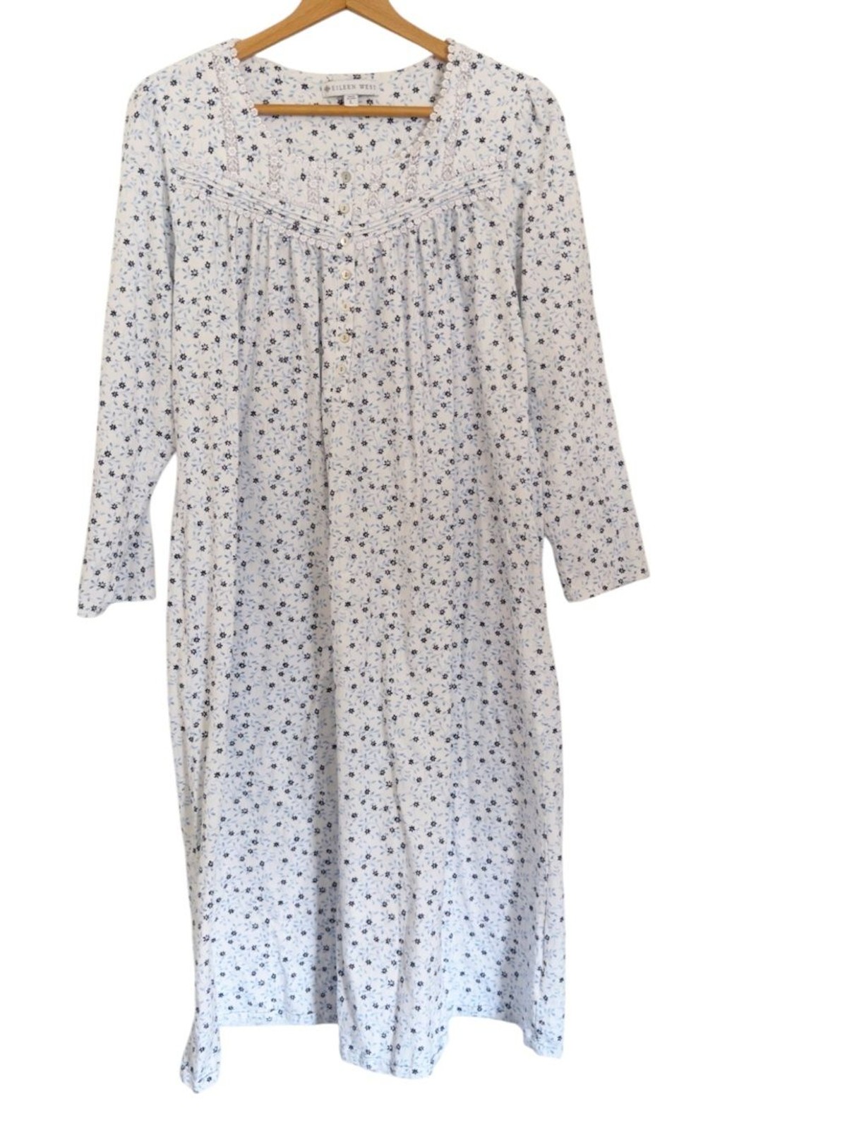 Eileen West Ditsy Floral Blue White Long Sleeve Nightgown size L