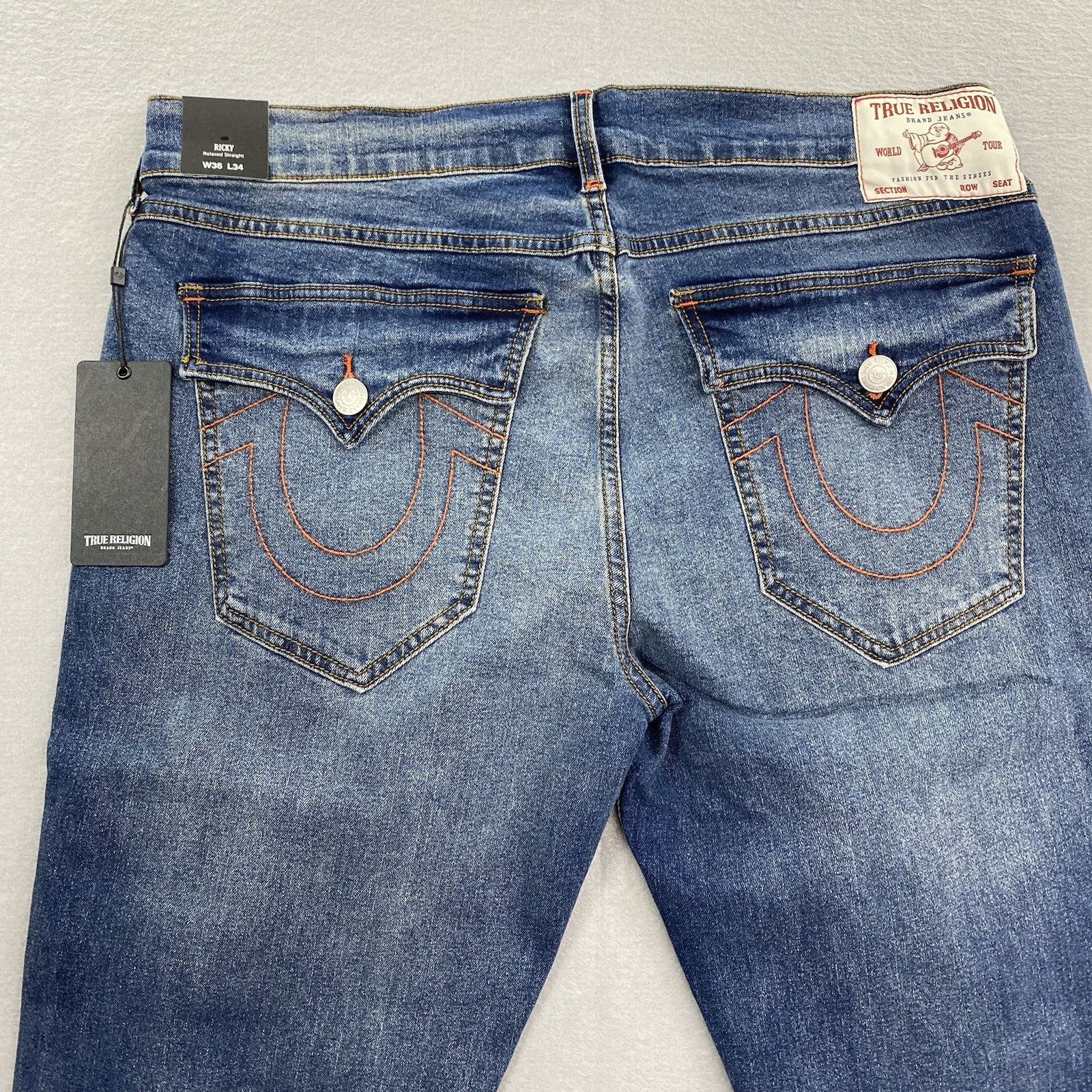 True Religion Jeans Mens 36×34 Blue Denim Ricky Relaxed Straight Flap Pockets