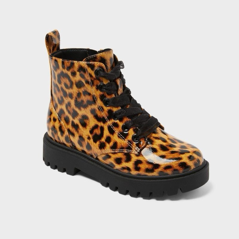 Art Class Leopard Combat Boots Kids Size 2 Lace Up Lug Sole Ankle Boots New