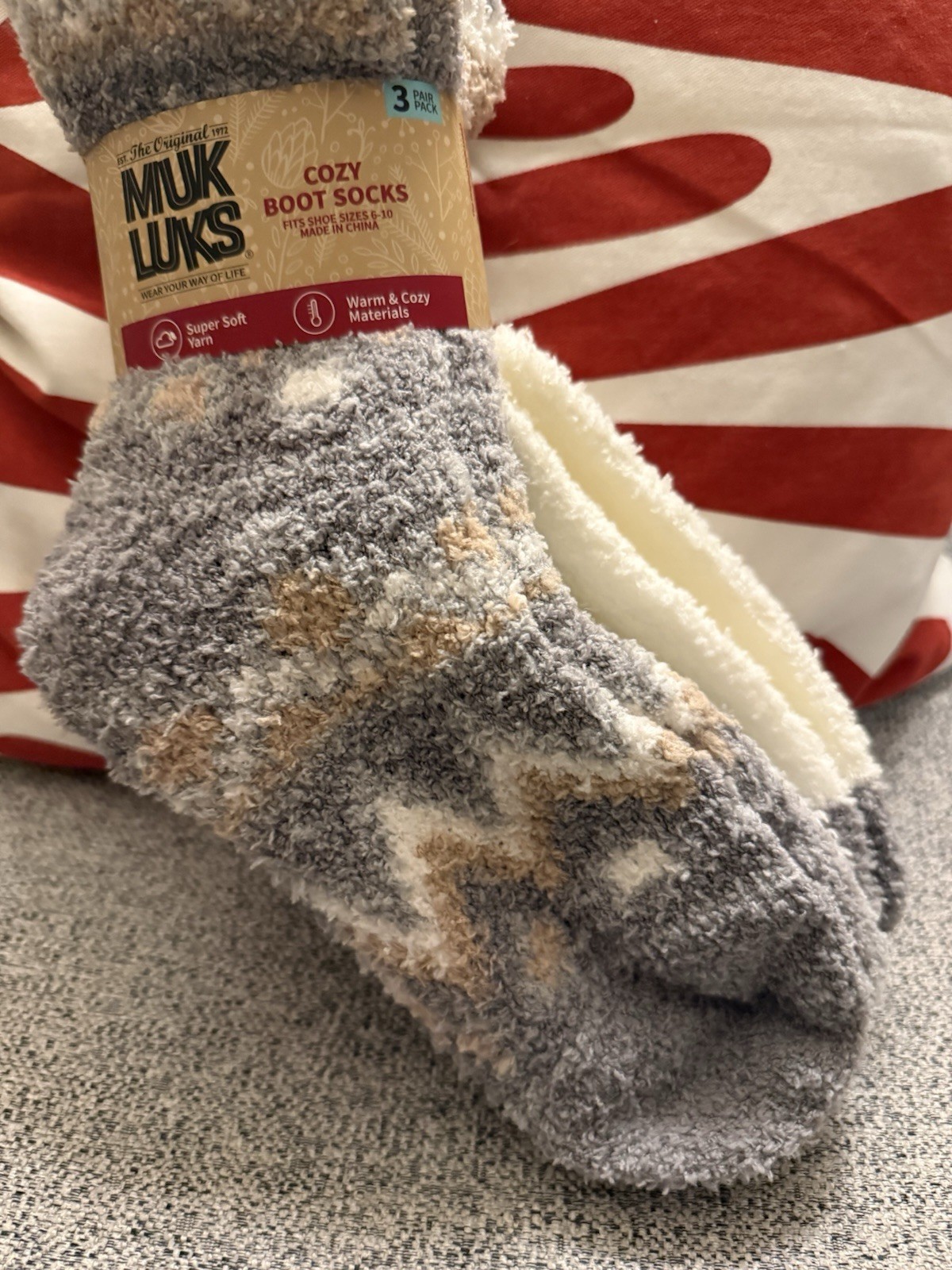 Muk Luks Super Cozy Boot Socks Super Soft Yarn White & Gray 3 Pair Size 6-10