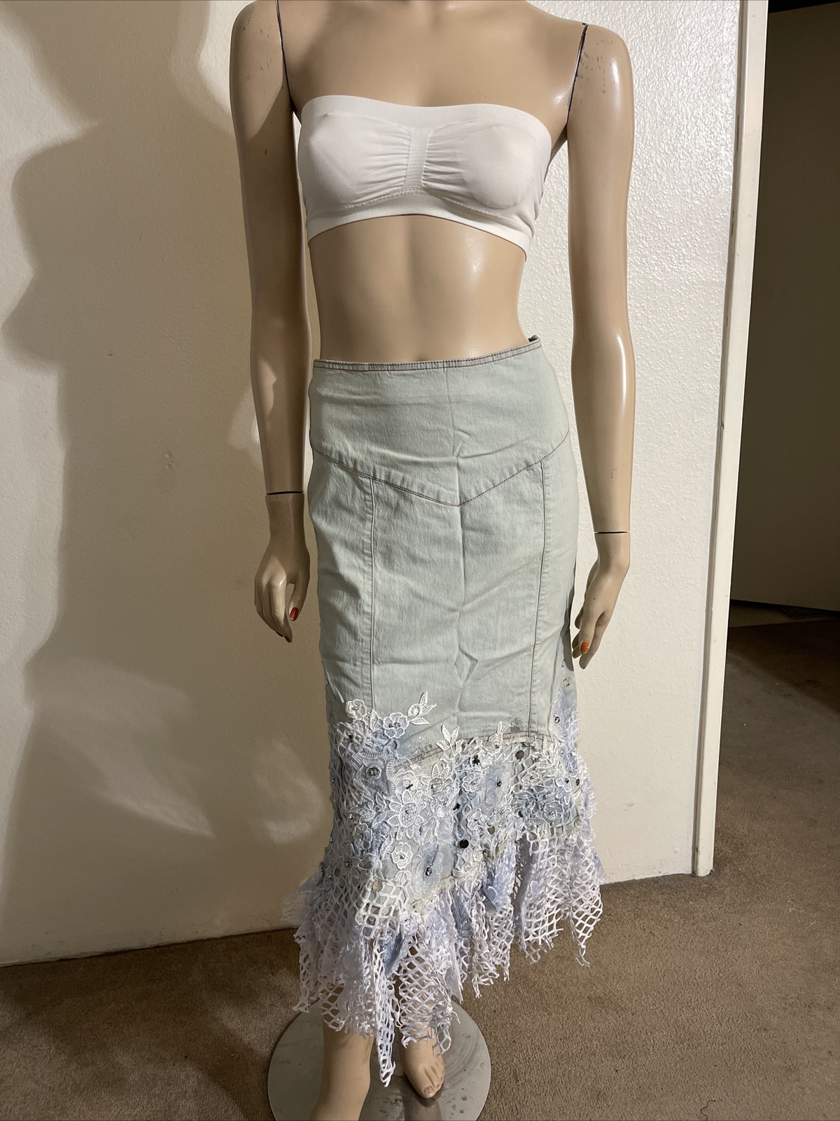 Light Blue Denim Cotton Embroidery Lace Bead Boho Size XL(10-12) Skirt SK 708