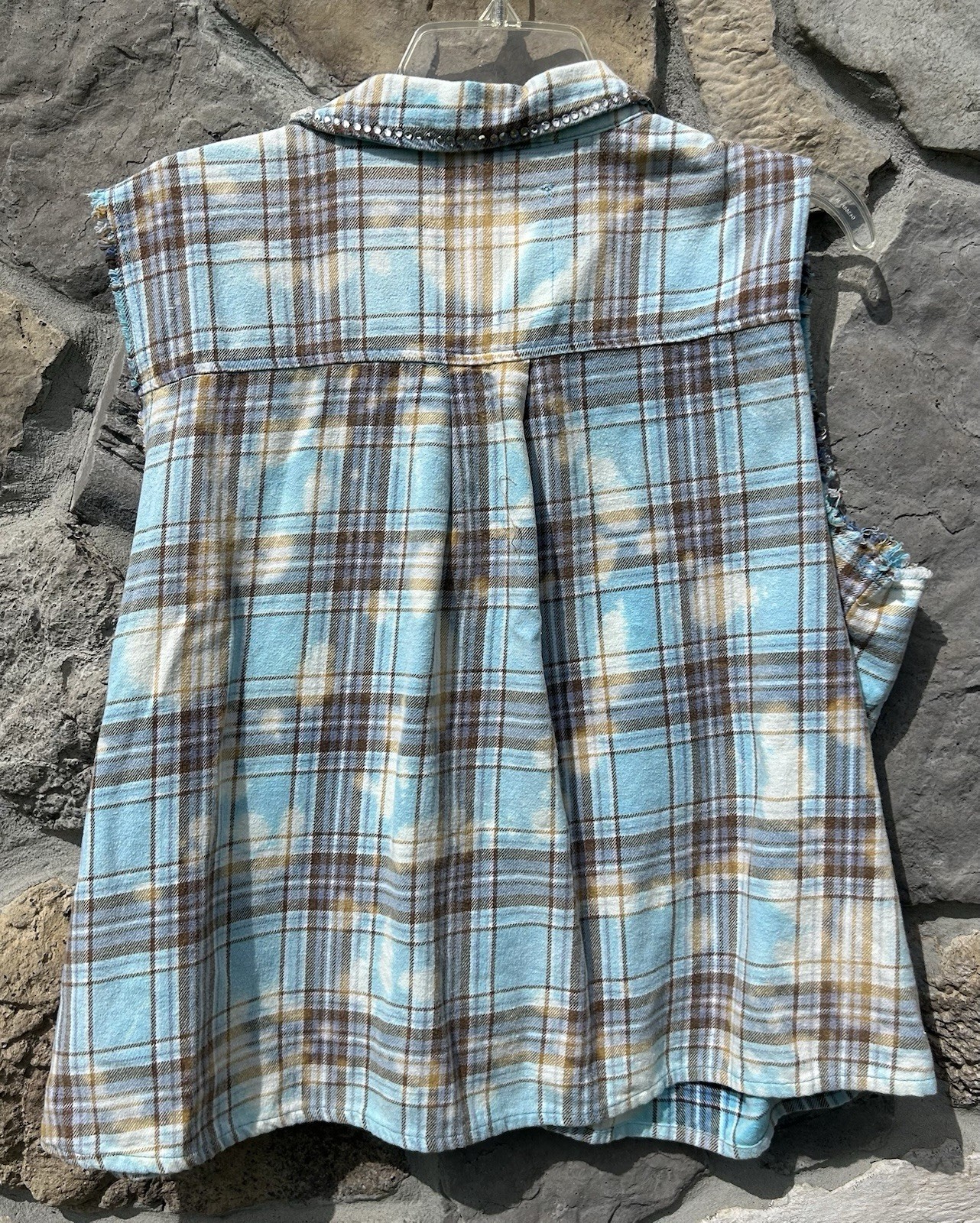 A Rare Bird Top One Size Blue Plaid Rhinestone Boho Shabby Chic Western Snap Up