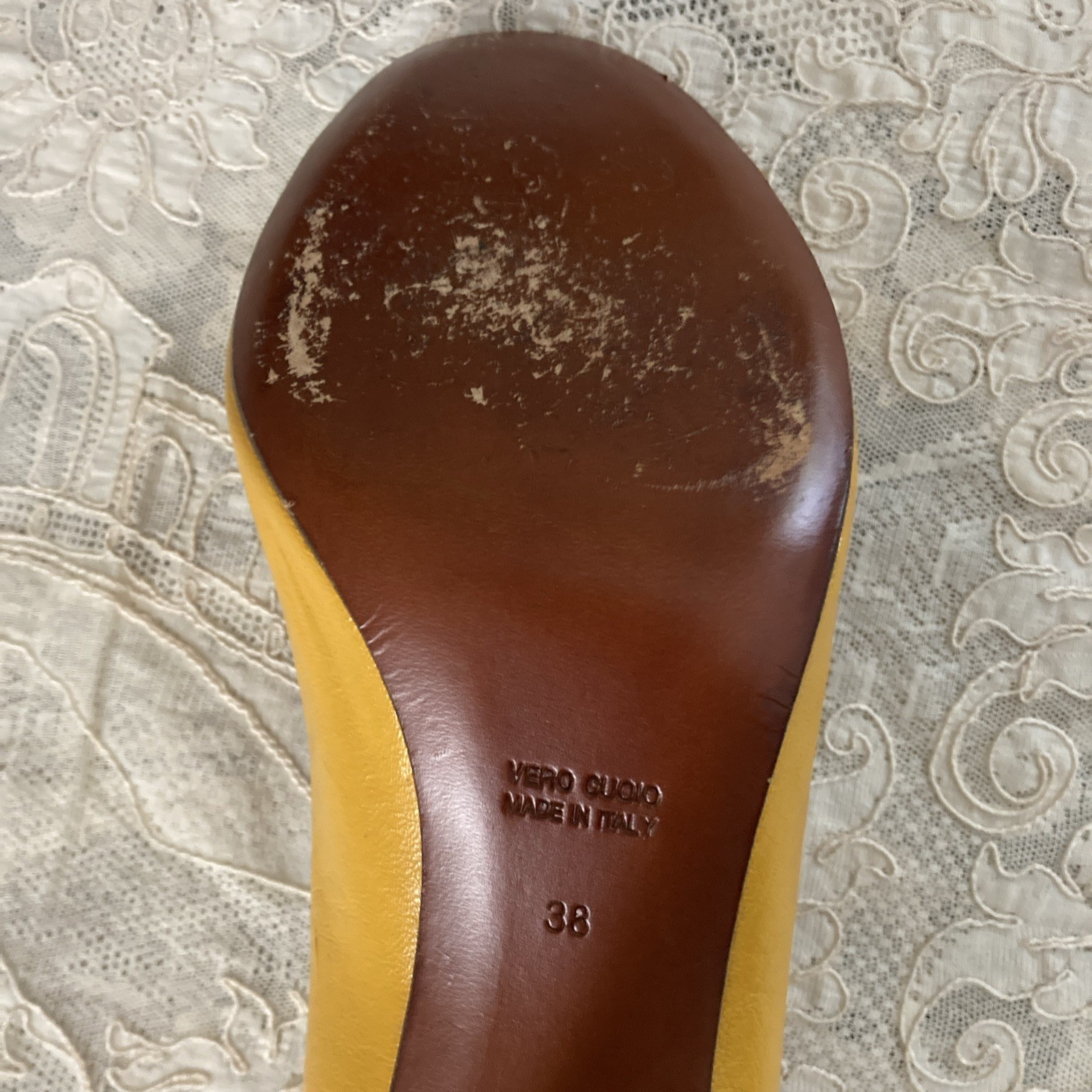 VINTAGE Lanvin Ete 2008 Yellow Patent Leather Metallic Peep Toe Pumps Sz 38 / 7