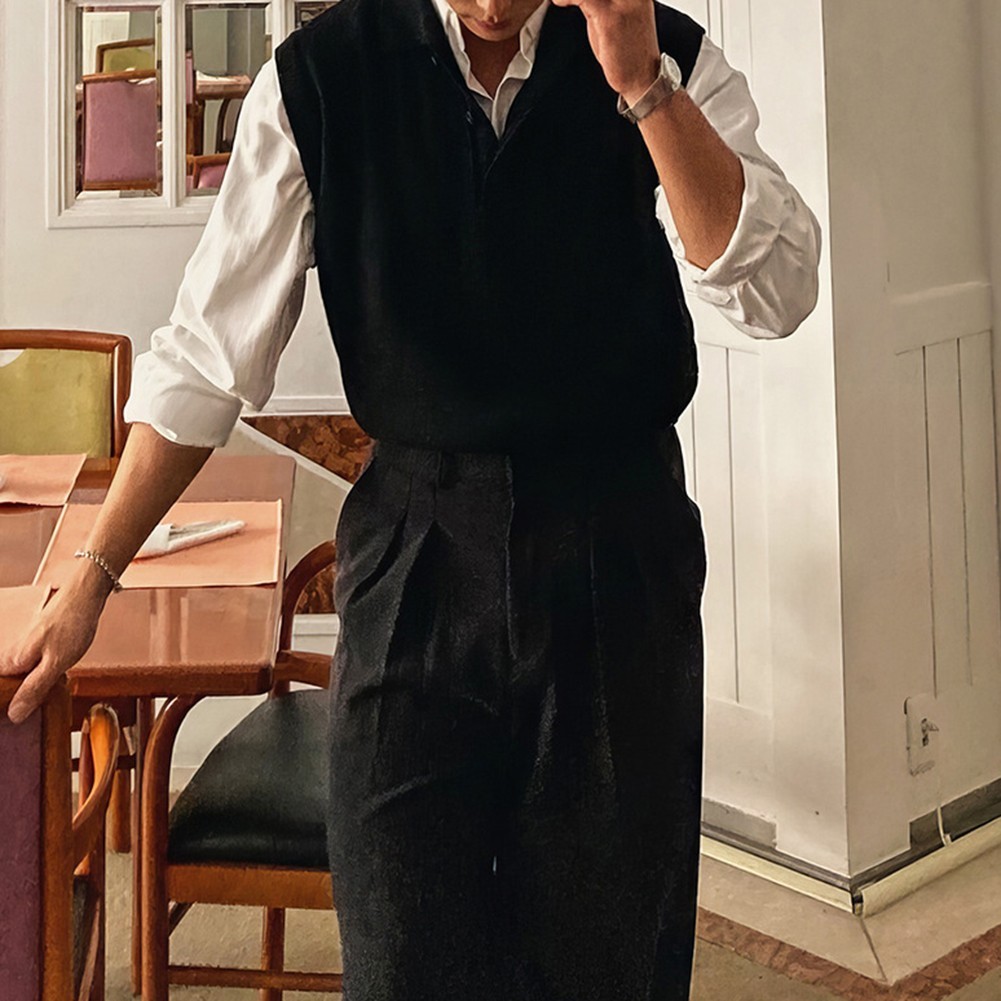 Men Sleeveless Sweater Vest Knitted Pullover with Lapel for Casual