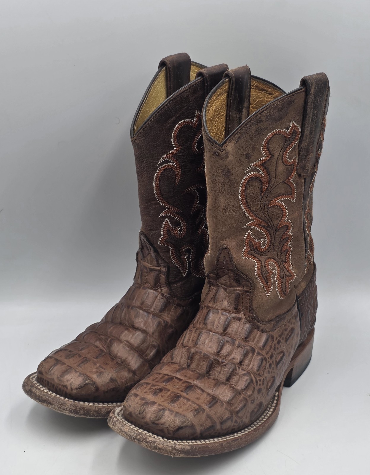 Horse Power HPK1070 Kids Cowboy Boots Sz 12 Brown Nile Print Square Toe Leather
