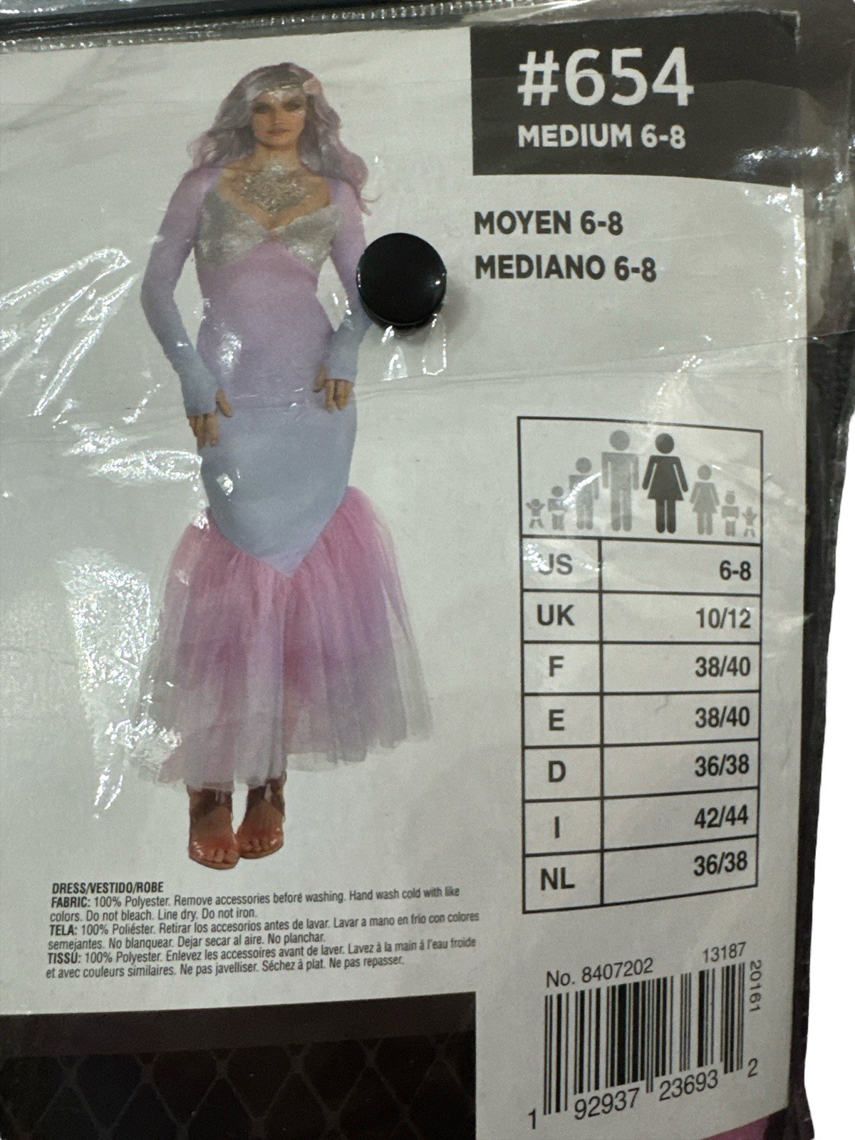 Mystical Mermaid Pastel Halloween Costume Dress & Hair Clip Size M, 6-8 Adult