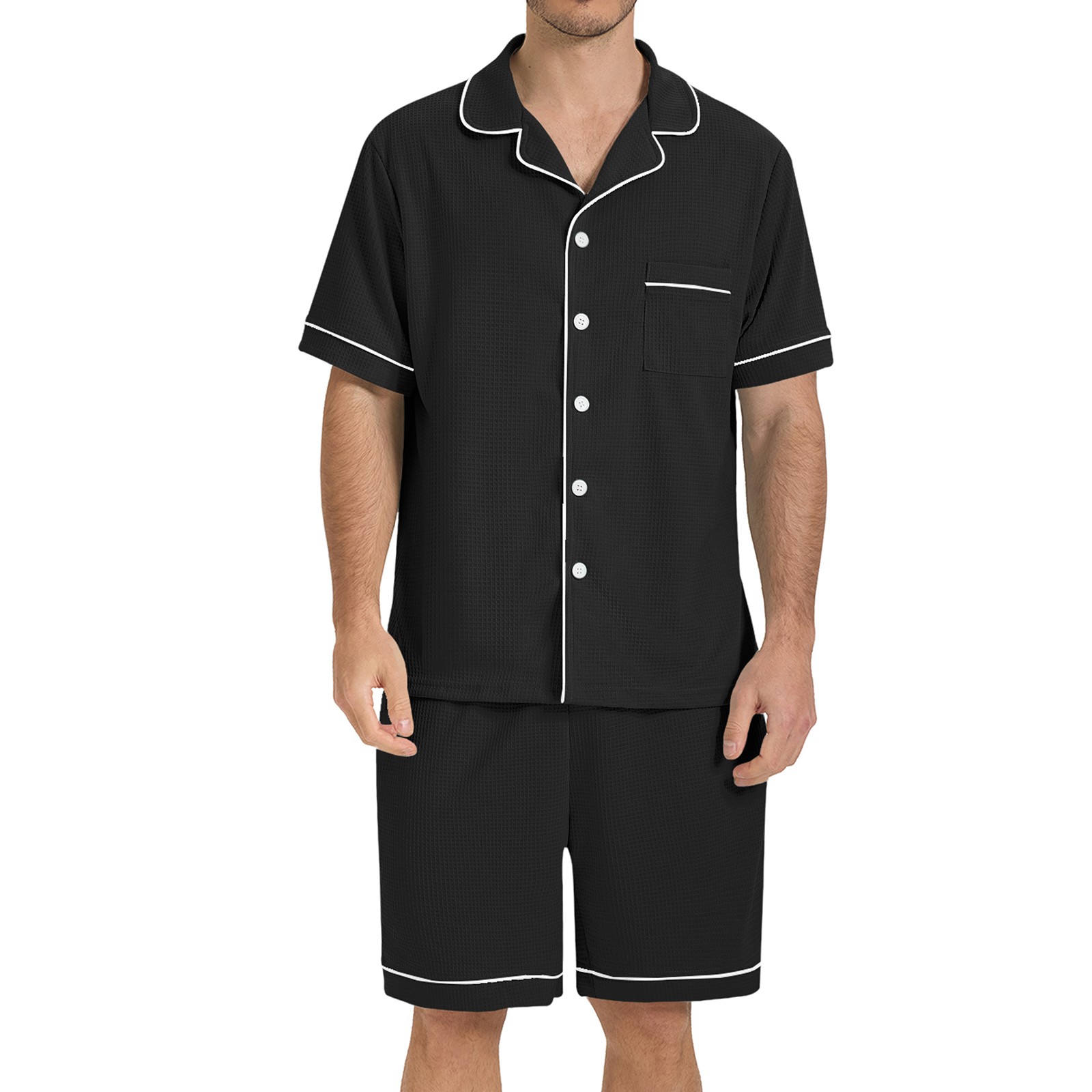 SIORO Men Waffle Knit Pajamas Set Short Sleeve Sleepwear Button Down Loungewear