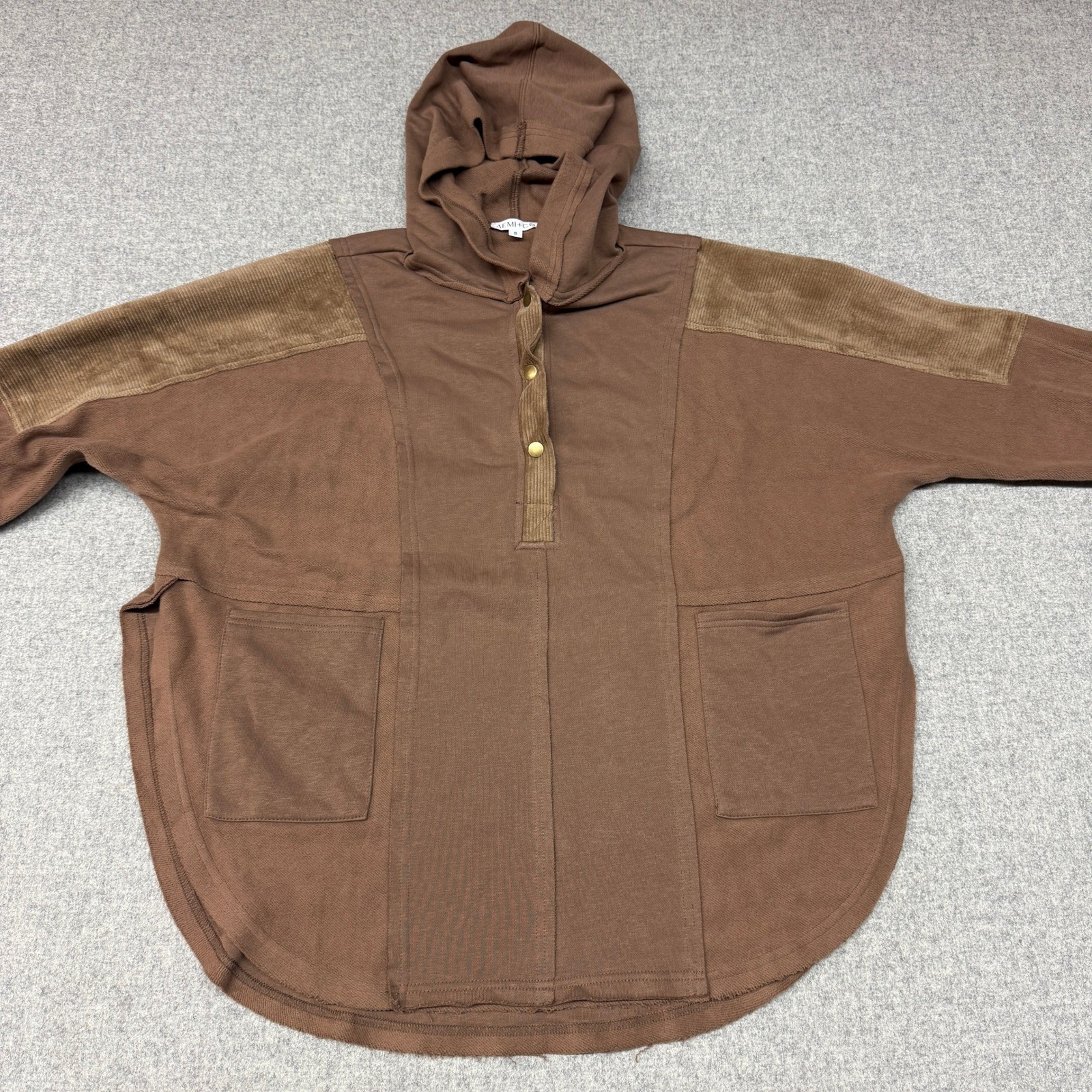AEMI+CO Hoodie Pullover Small Brown Corduroy Mixed Media Snap Henley Oversized T