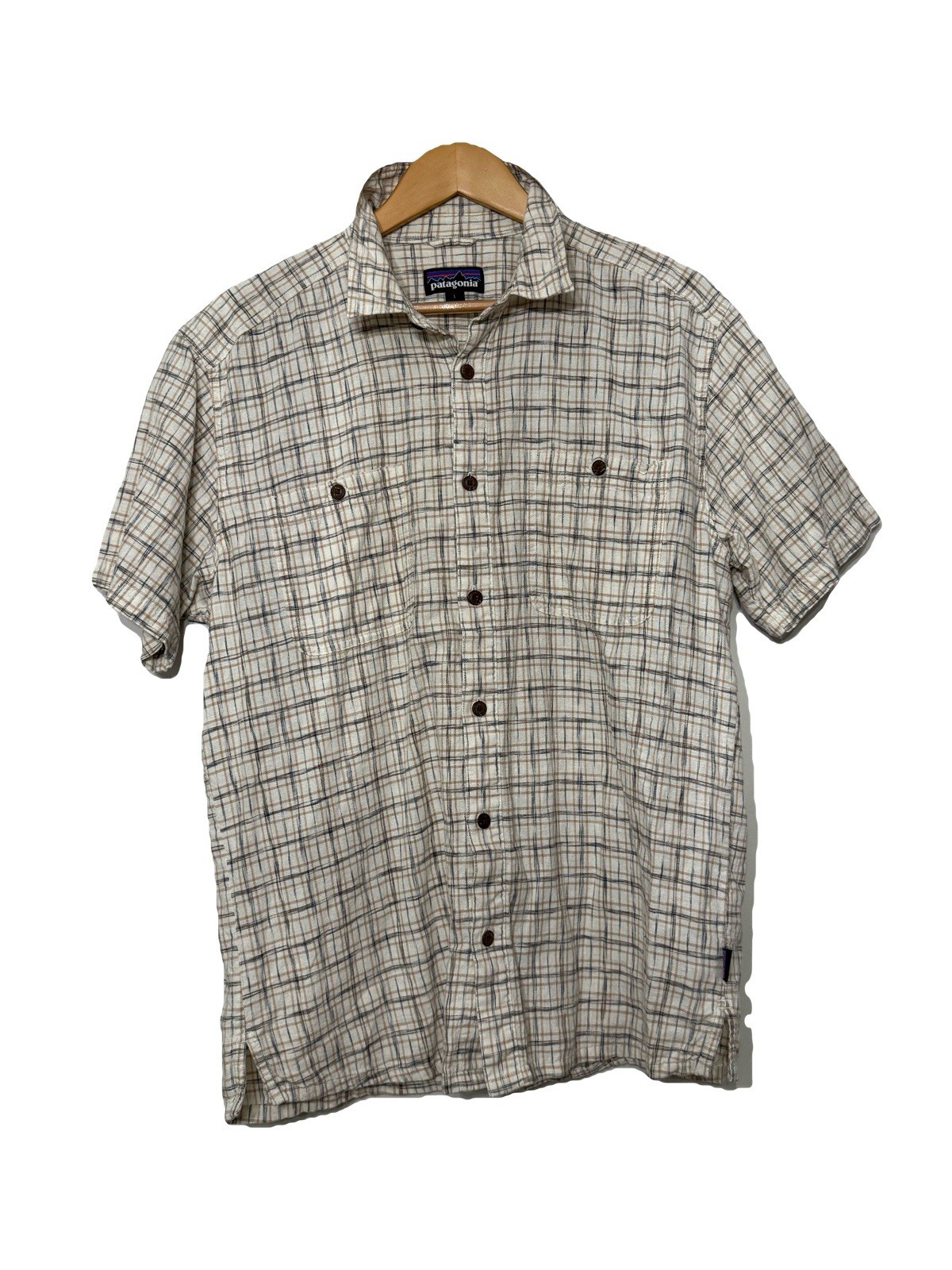 Patagonia Back Step Shirt Mens Large Plaid Organic Hemp Hiking Cream Granola