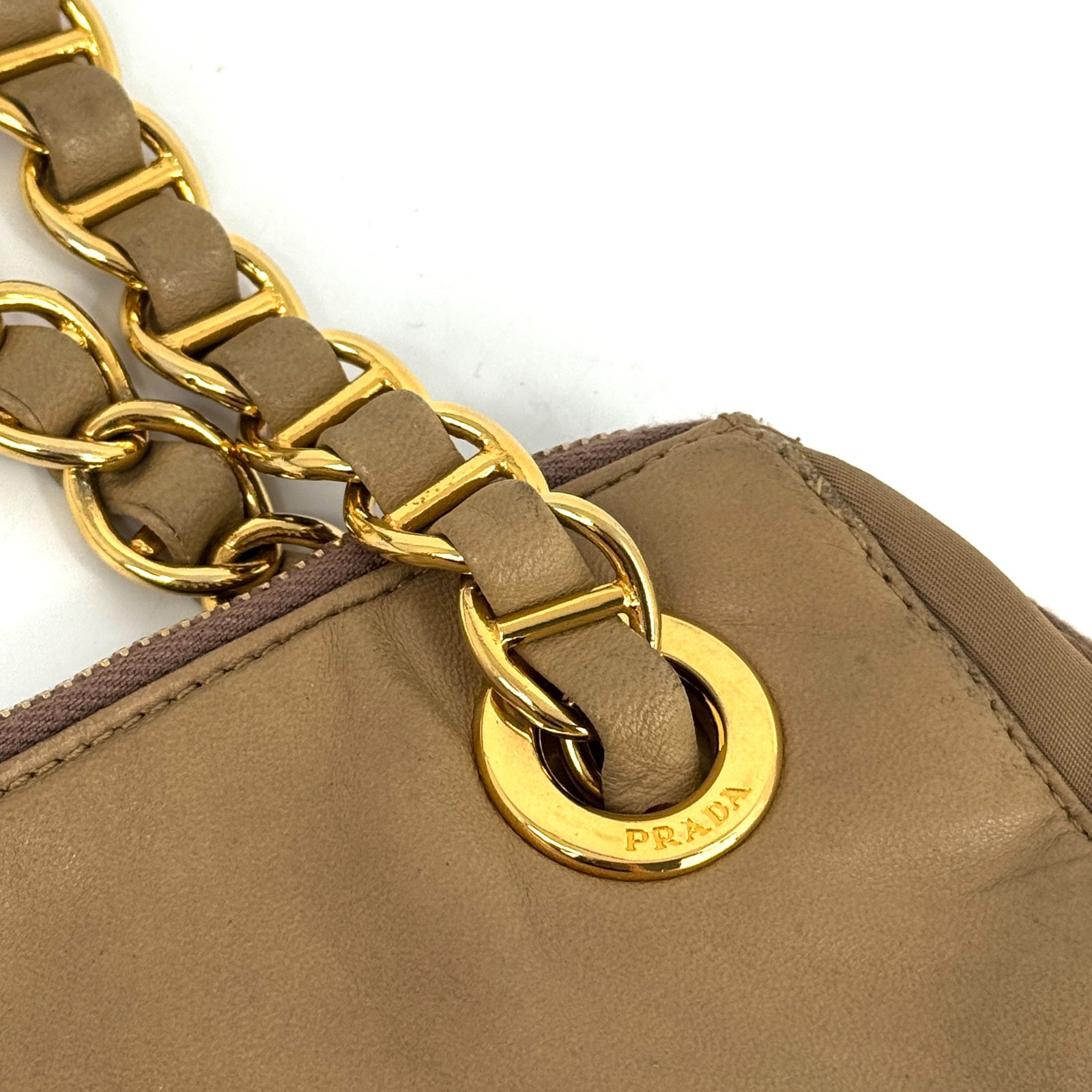 PRADA Double Chain Leather Shoulder Bag Embossed Authentic Beige From Japan