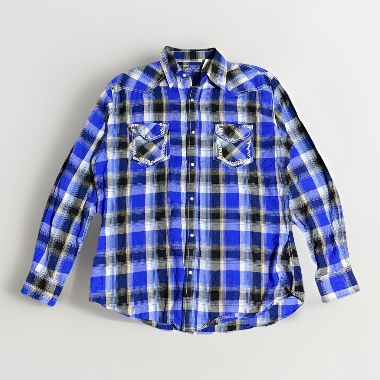 Ely Cattleman Shirt Mens L Blue Plaid Western Pearl Snap Cowboy Rodeo Rancher