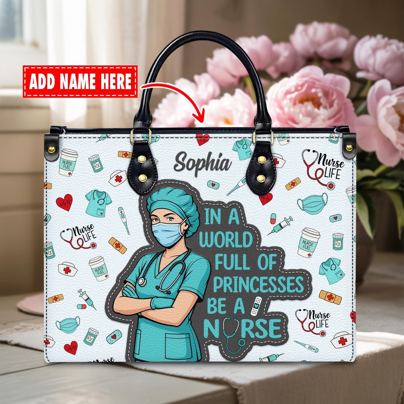 Custom Leather Handbag – Nurse Life Theme – Personalized with Your Name – In a W