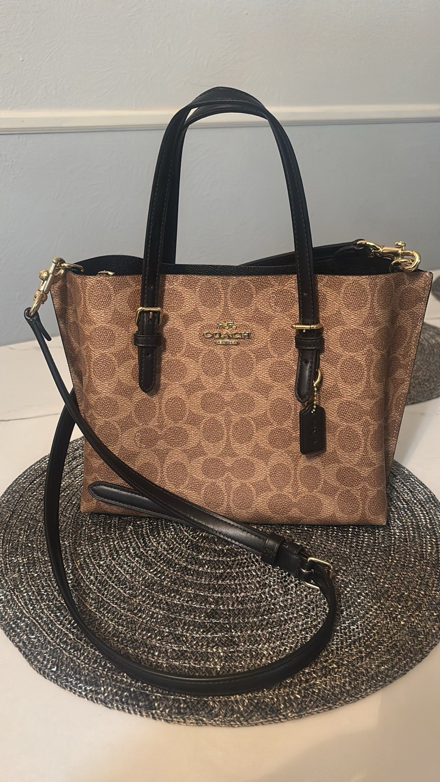 Coach Outlet Small Tote Brown/Black Logo Zip Gold Hardware Strap