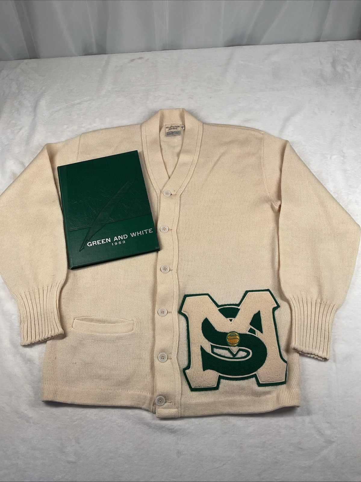 VTG 50s Letterman Cardigan Varsity Patch Sweater St. Mary’s Yogi Berra HS Green