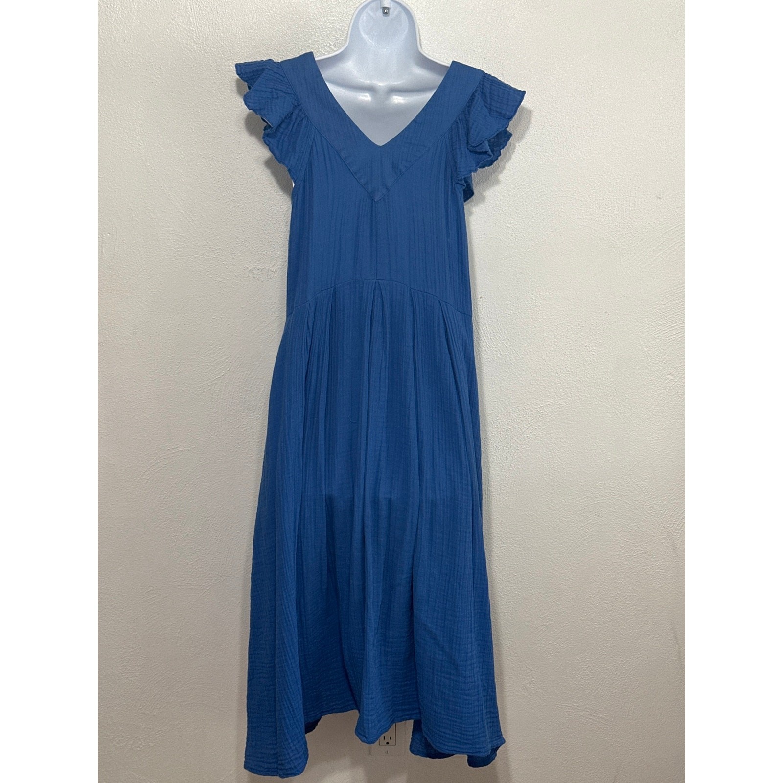 Mille Double Gauze Resort Wear Midi Ruffle Sleeve Dress M Royal Blue Vacation