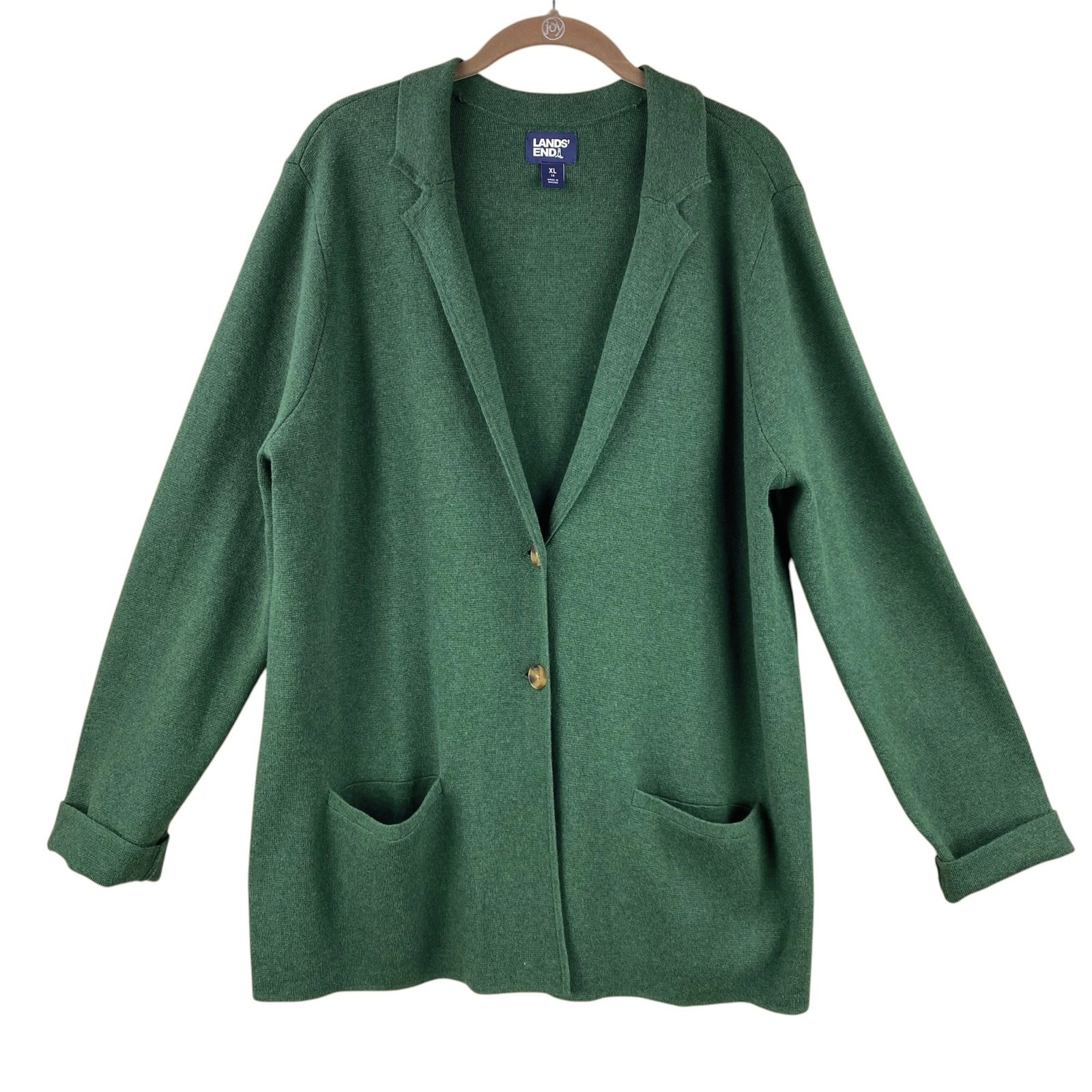 Lands’ End Sweater Knit Blazer Cardigan Size XL Dark Green 100% Cotton