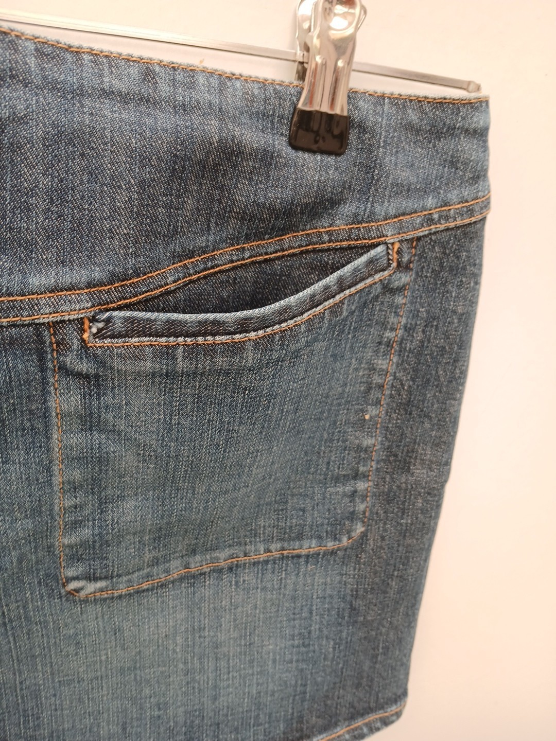 French Connection FCUK Denim Mini Skirt UK 14 Metal Logo Tag Zip and Hook Close.