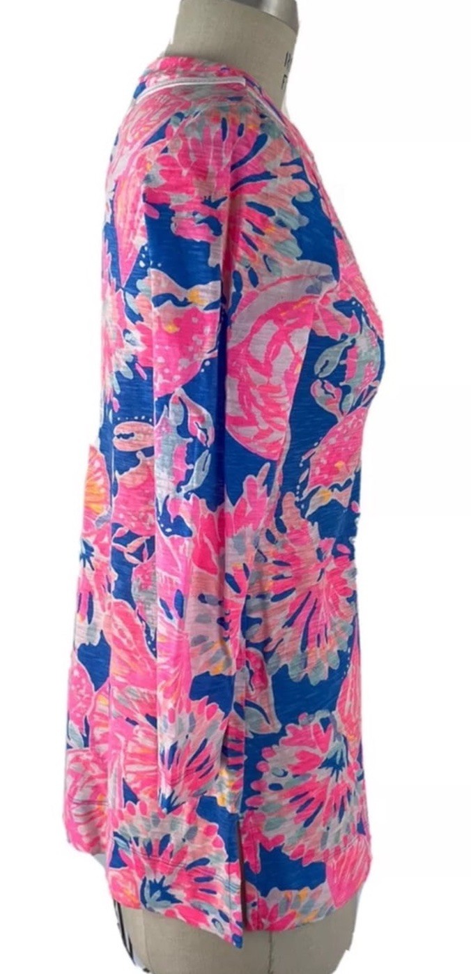 Lilly Pulitzer Kaia Knit Tunic Shirt BAY DREAMIN Pink Blue Pima Cotton M