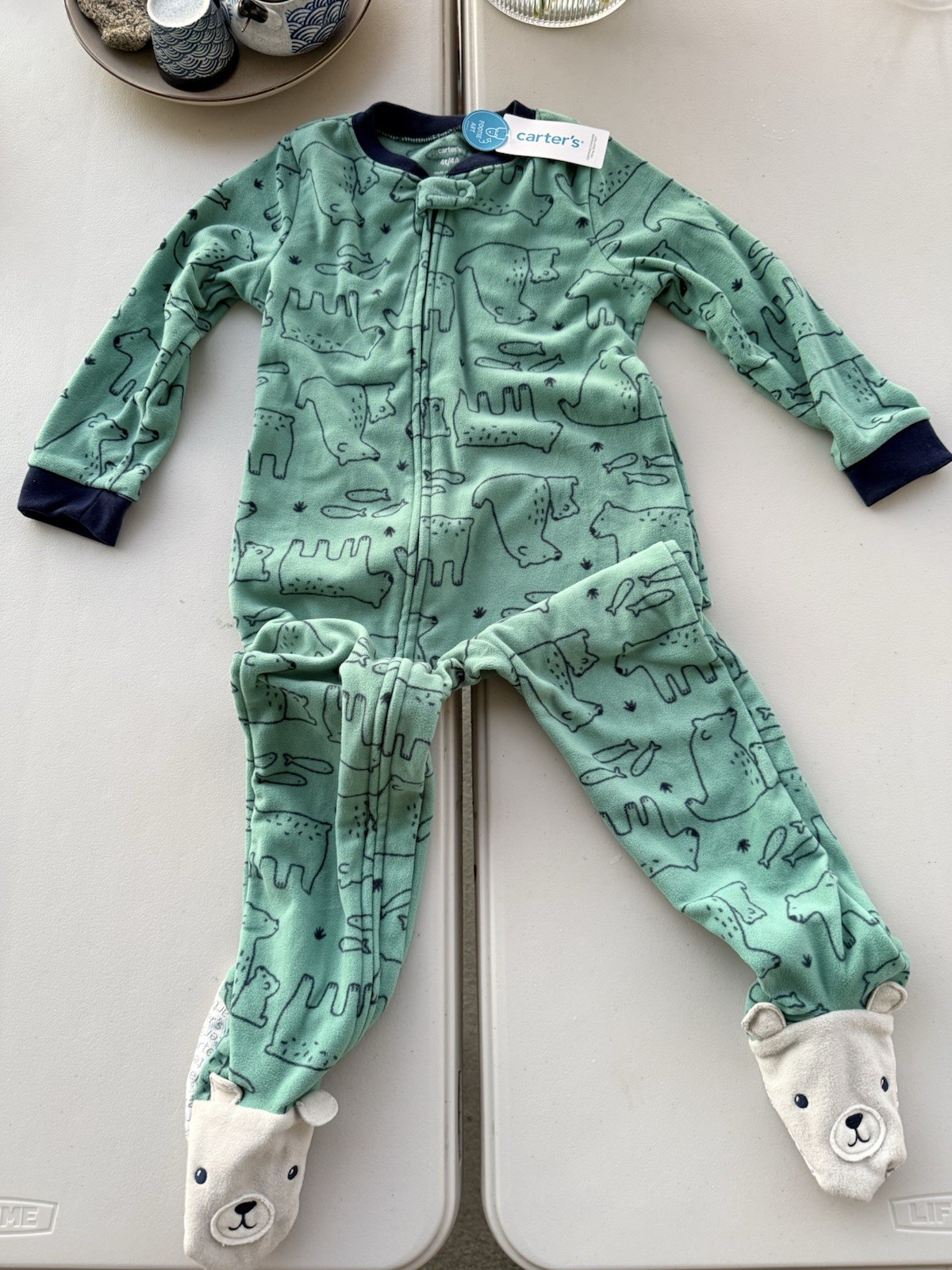 Carter’s 4T Footed Zip Fleece One Piece Sleeper Bear Animal Print Green