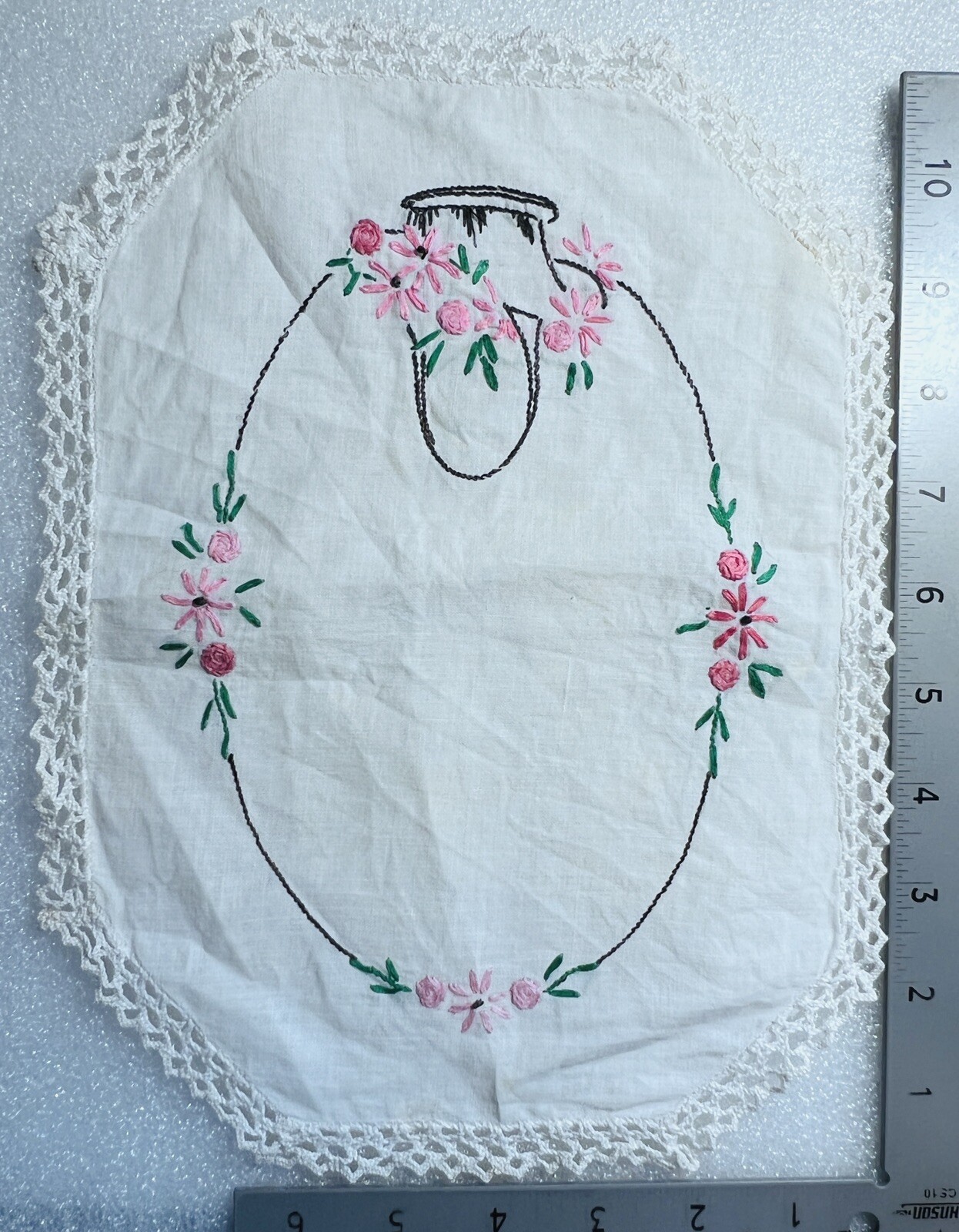Lace Hand Stitched Handkerchief Lace Basket Of Flowers Tiny Very Light Stain