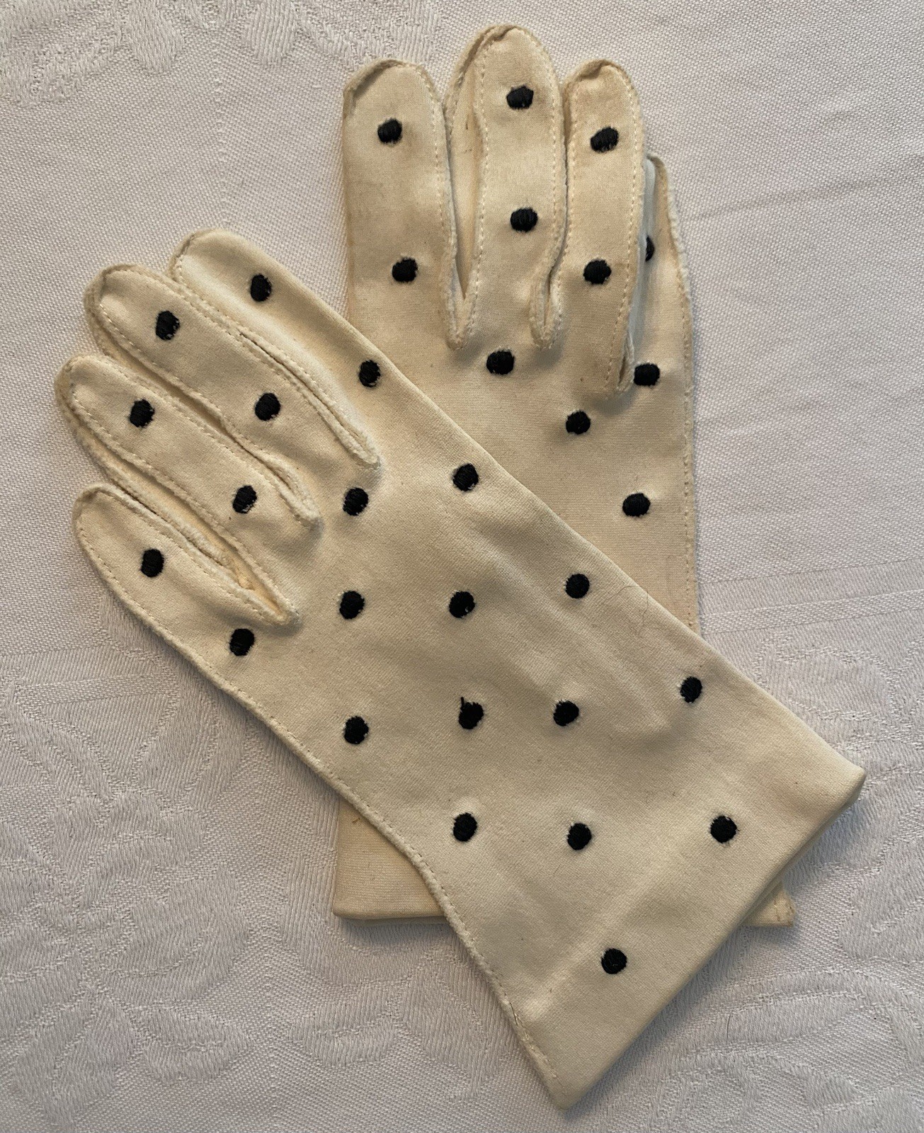 Vintage Girls Polka Dot Dress Gloves Off White Black 7.75” Dance Pageant Formal