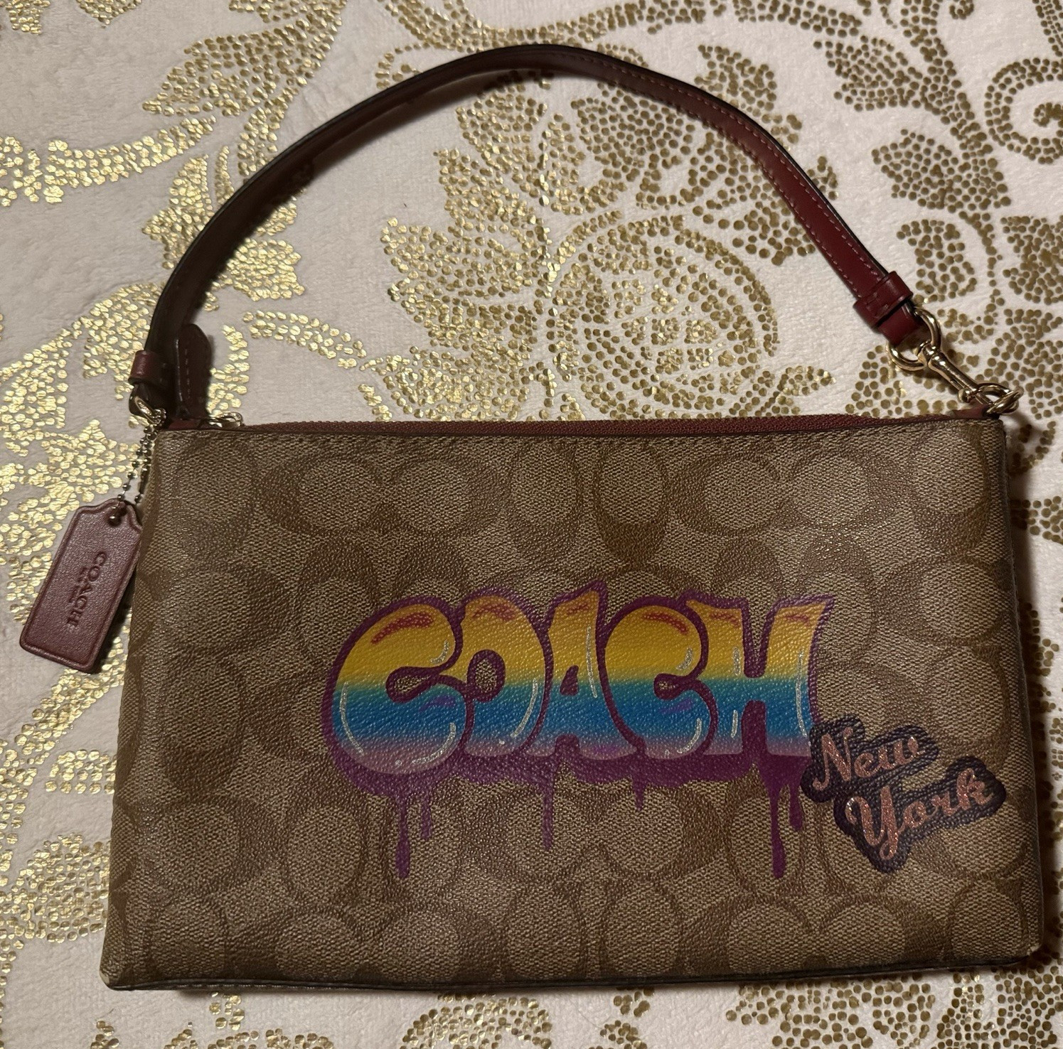 Coach Signature Monogram Zip Wristlet Graffiti Logo Brown Multicolor