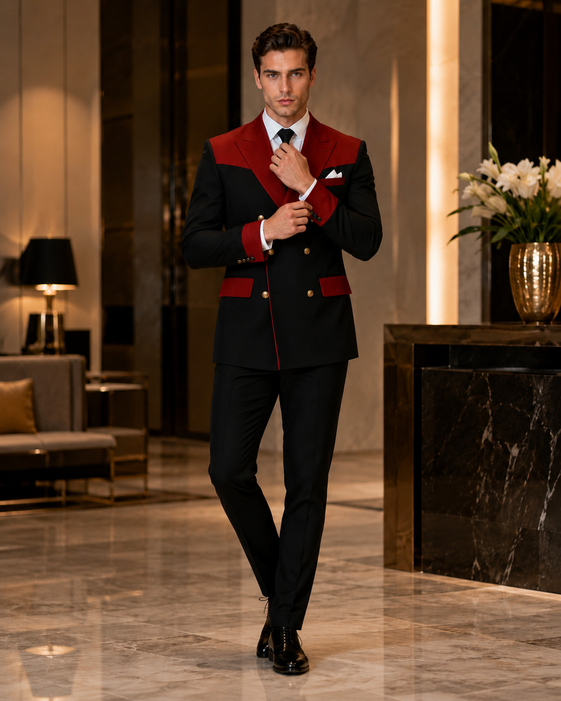 Mens Black Red Double Breasted Tuxedo Suit Gold Button Wedding Groom Prom Wear