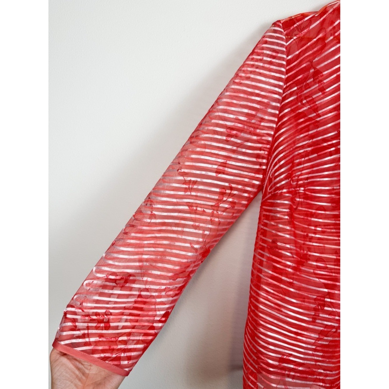 Ming Wang Sheer Stripe Open Front Jacket Topper Coral Size XS