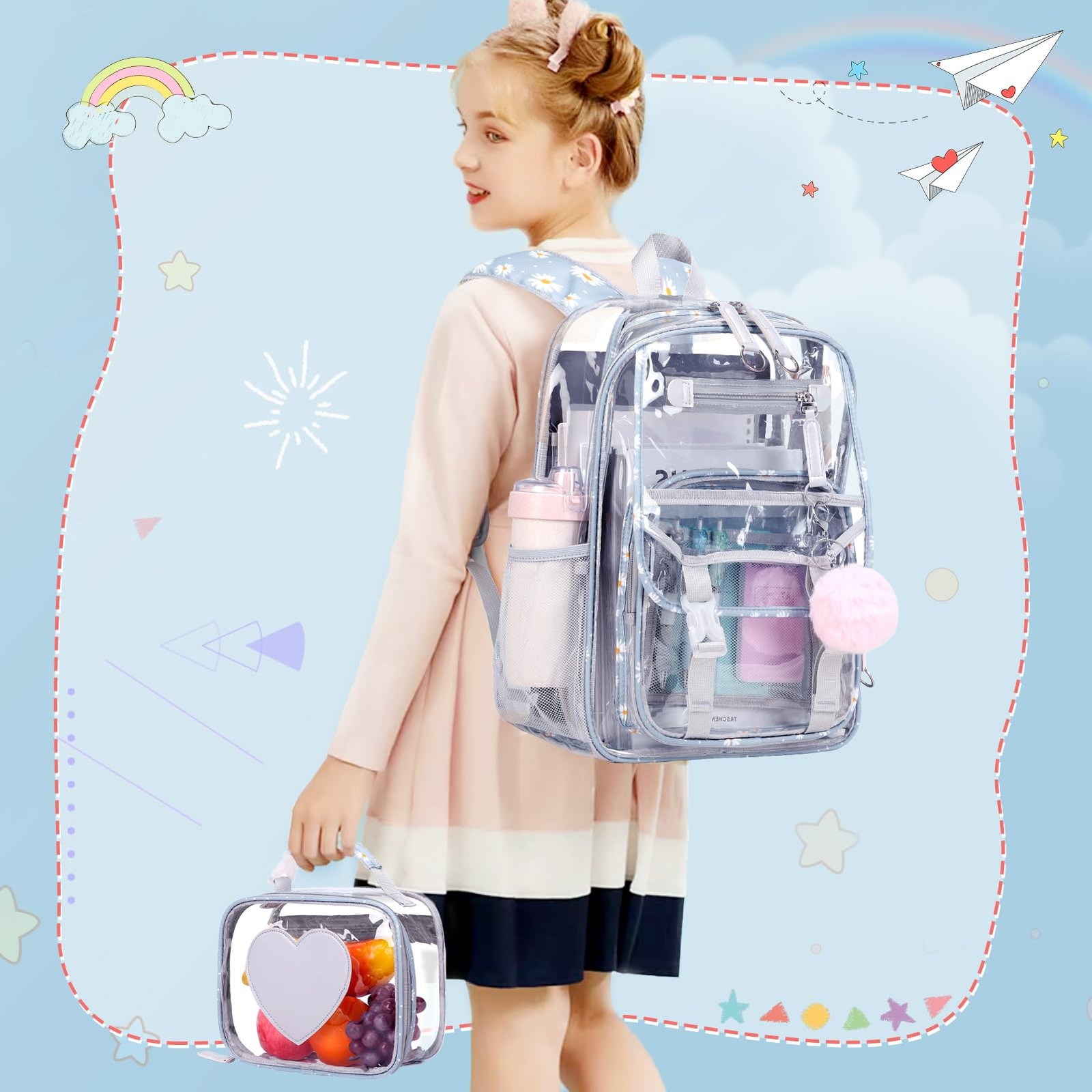Girls Clear Backpack 11.8in X 5.9in X 16.2in with Lunch Bag – Heavy Duty