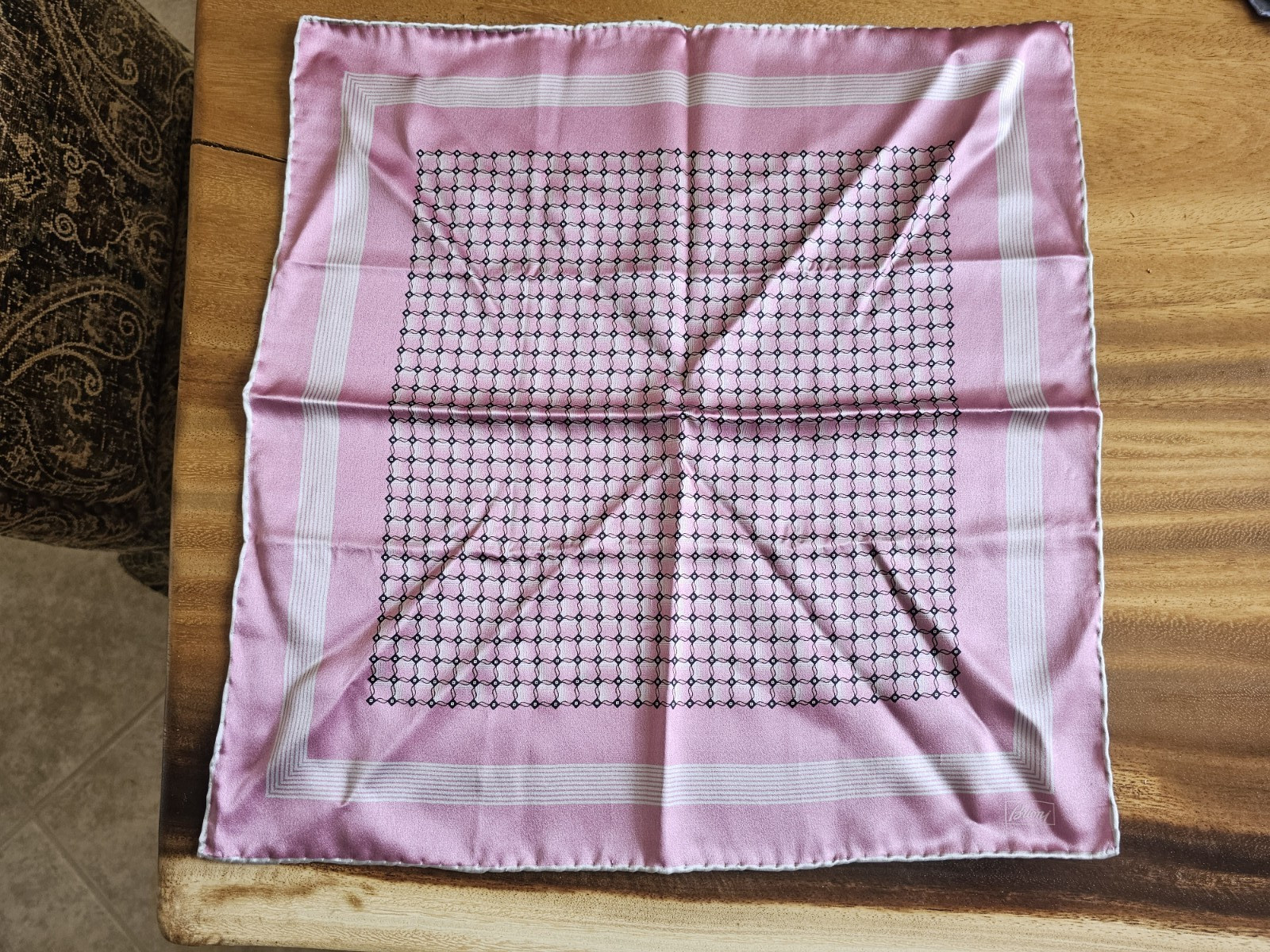 Brioni Silk Pocket Square Pink Black Geometric Medallion Made in Italy Luxury