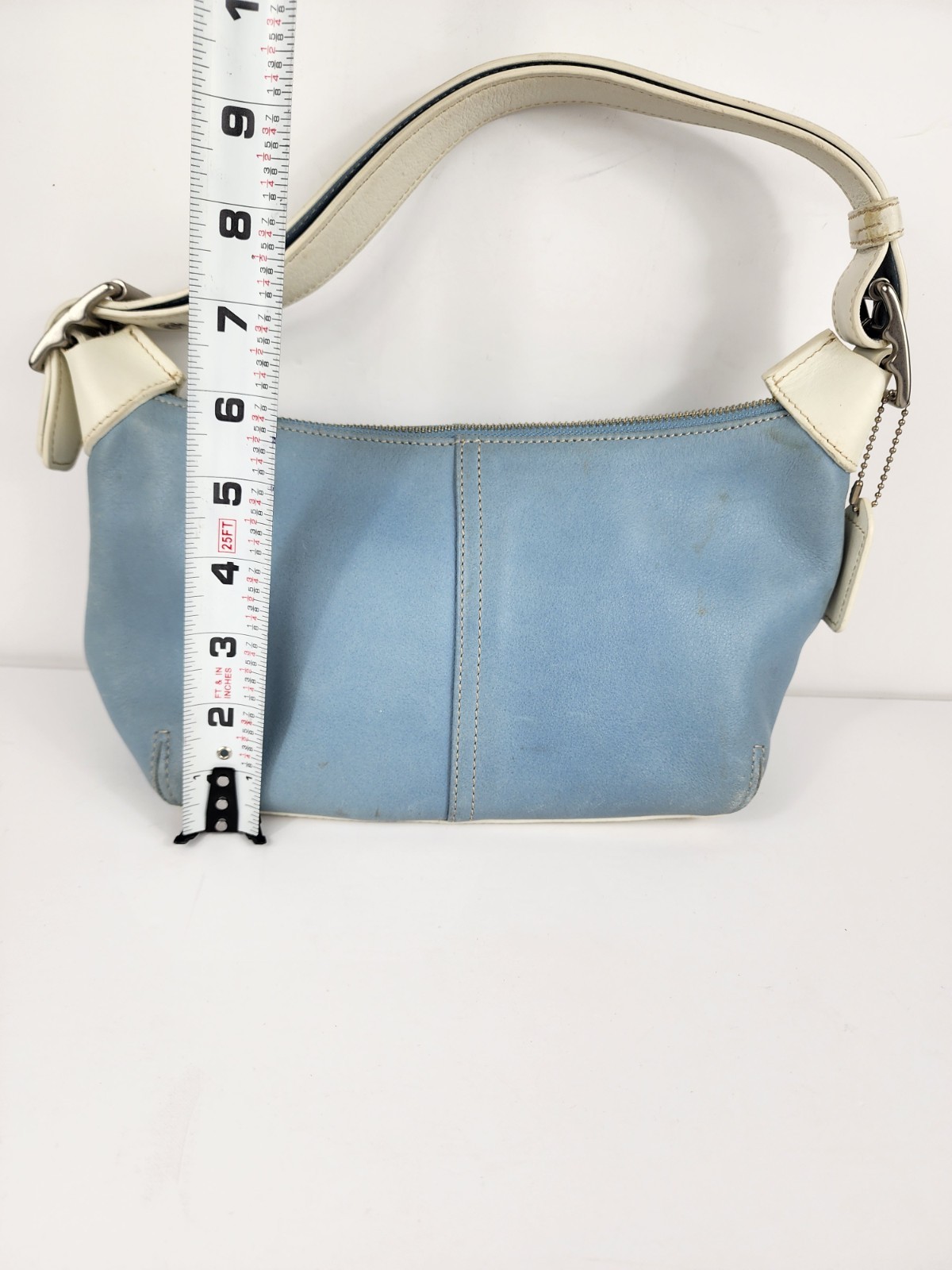 Vintage Coach 9564 Blue Leather Ergo Shoulder Bag Purse White Trim Hobo Baguette