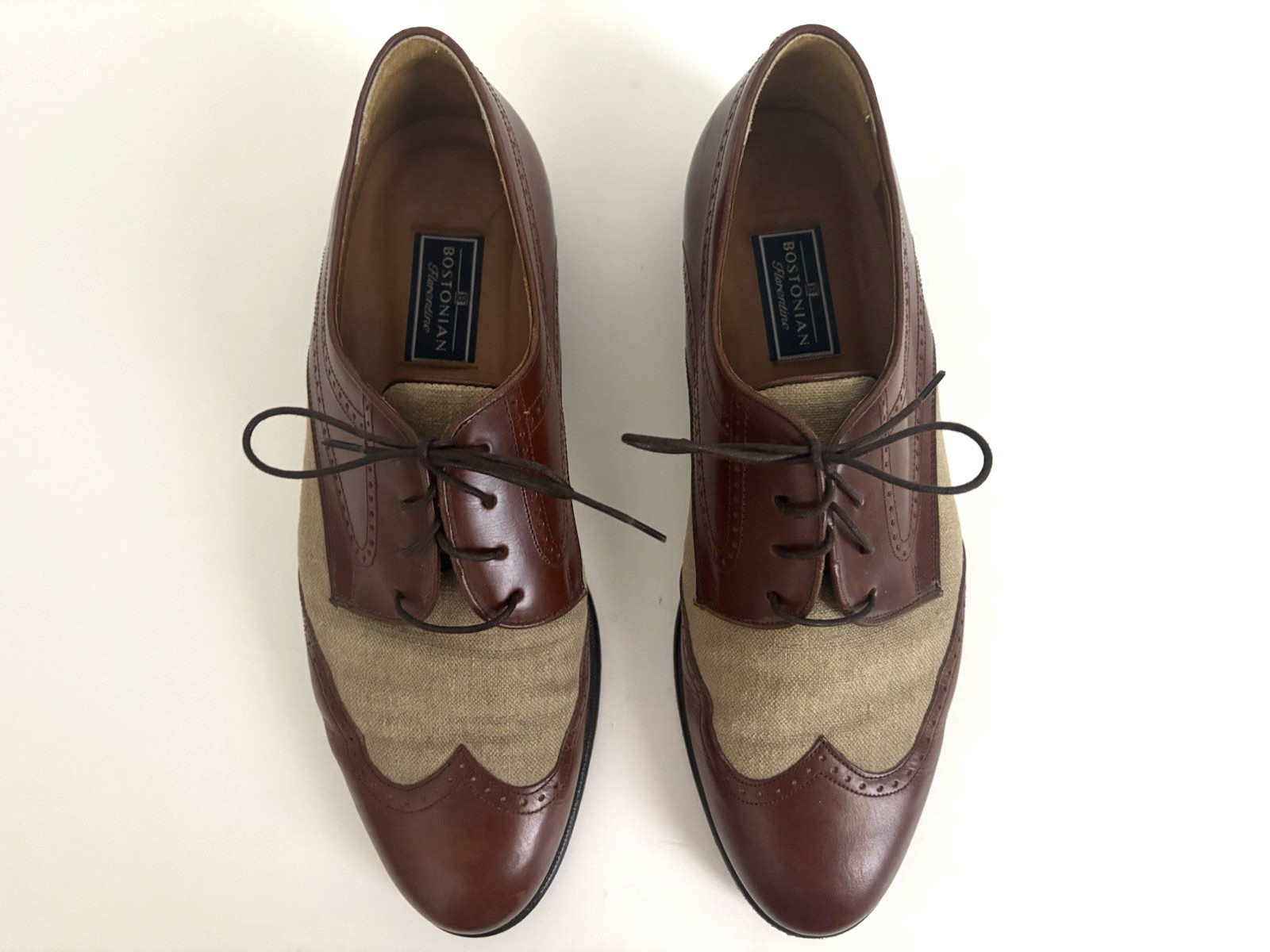 Bostonian Florentine Shoes Size 10 Brown Leather Linen Spectator Wingtip Italy